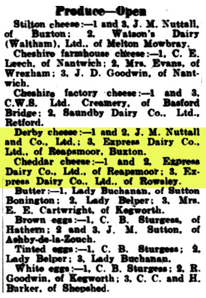 1949 Reapsmoor and Rowsley creameries win awards for Derby and Cheddar. (Courtesy South Notts Echo 06 August)