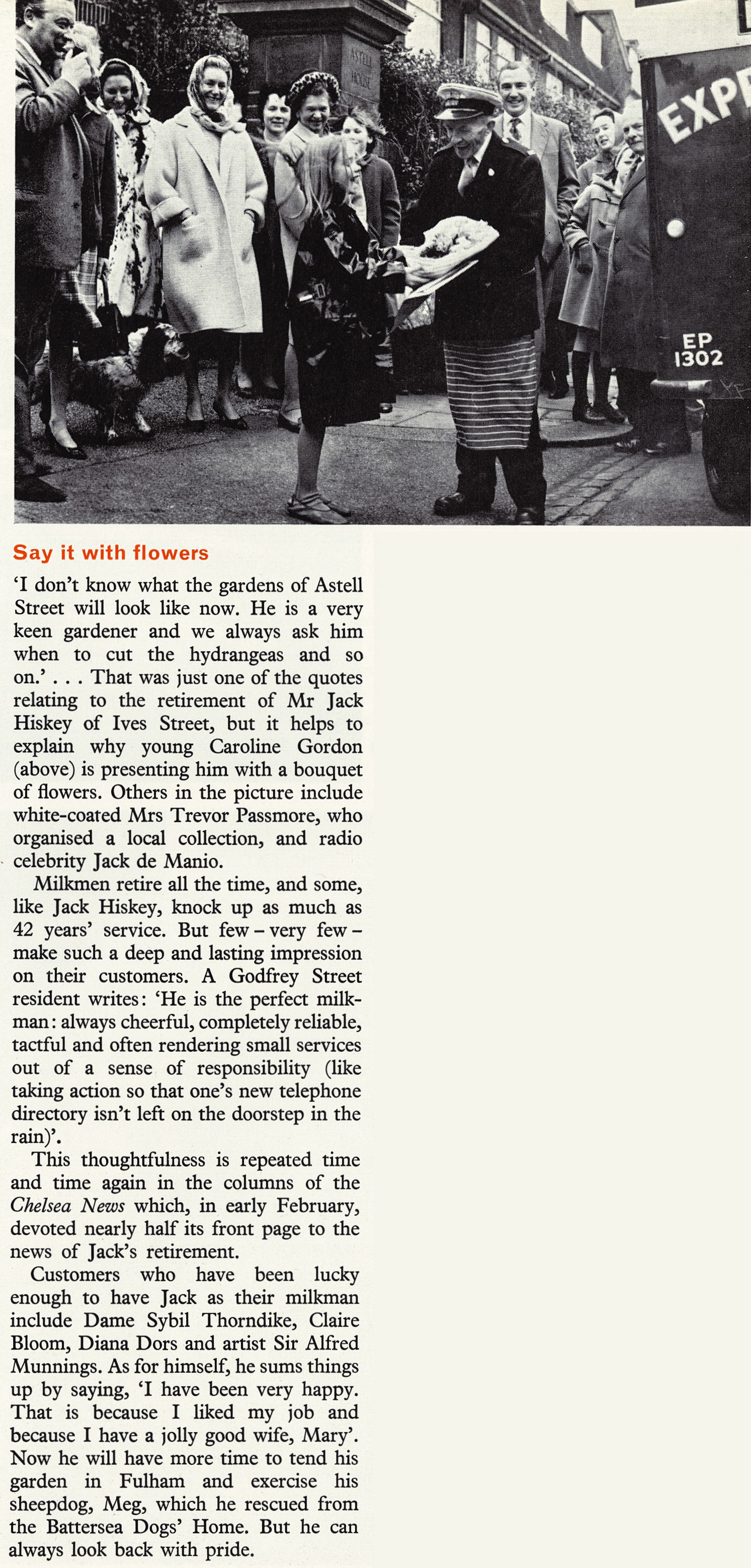 1966 Milkman Jack Hiskey retires from Ives Street, Chelsea branch after 42 years service (Courtesy Beryl Purslove)