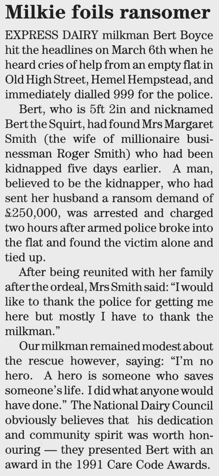 1991 Hemel Hempstead milkman Bert Boyce awarded a Care Code honour (from Express Foods Pensioners News) Courtesy Beryl Purslove