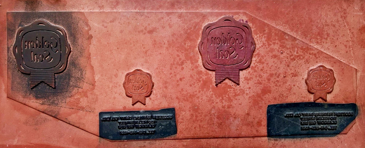 1966c Golden Seal Rubber Printing Plate. The 041 dialling code came into use for Glasgow in 1966 and continued until 1995. The inscription reads "SCOTTISH FARMERS DAIRY CO. LTD, 190 HELEN STREET, GLASGOW, G51 3NZ TEL: 041-445-455" (Courtesy itawtisawapuddytat, eBay)