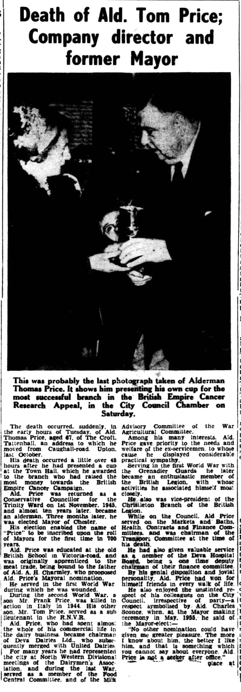 1959 Tom Price, former director of Deva Dairies, dies. (Courtesy Cheshire Observer - Saturday 21 March)