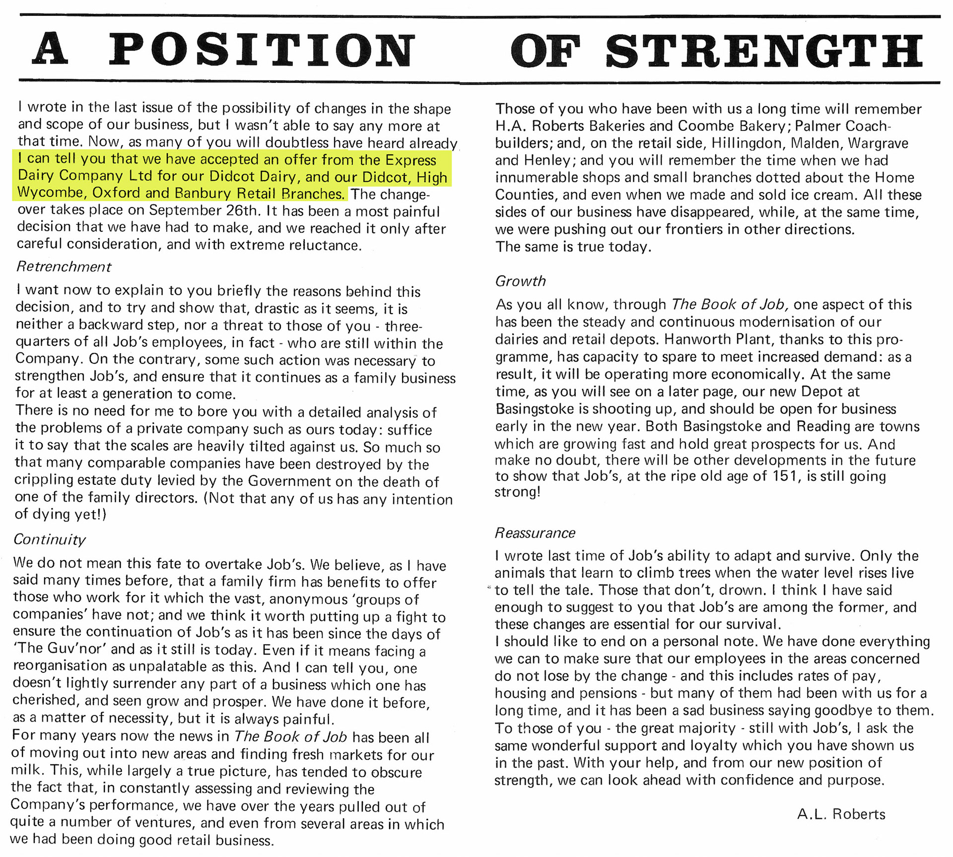 1970 Announcement of the sale of Didcot, plus High Wycombe, Oxford and Banbury retail depots to Express. (Courtesy Roberts Foundation, Book of Job)