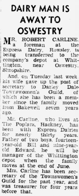 1960 The Matlock Mercury announces Mr Robert Carline's transfer from Rowsley to manager of Whittington Creamery. Gemma Carline Jones comments "This is my grandad and grandma, and my dad and uncle." Mr Carline was awarded for 20-year Long Service in 1961. (Courtesy Matlock Mercury)