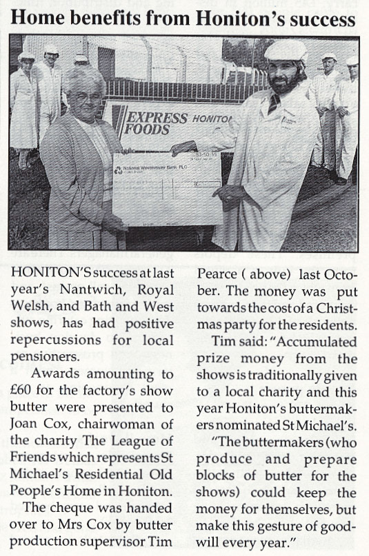 1990 Honiton Butter Prize money donated to local chaarity-Express Foods News, Issue 3