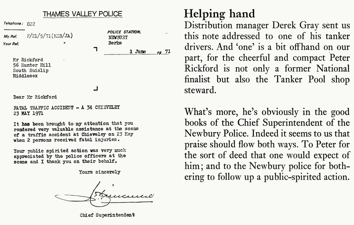 1971 Thames Valley Police commendation for Peter Rickford. (Courtesy Doreen Williams)