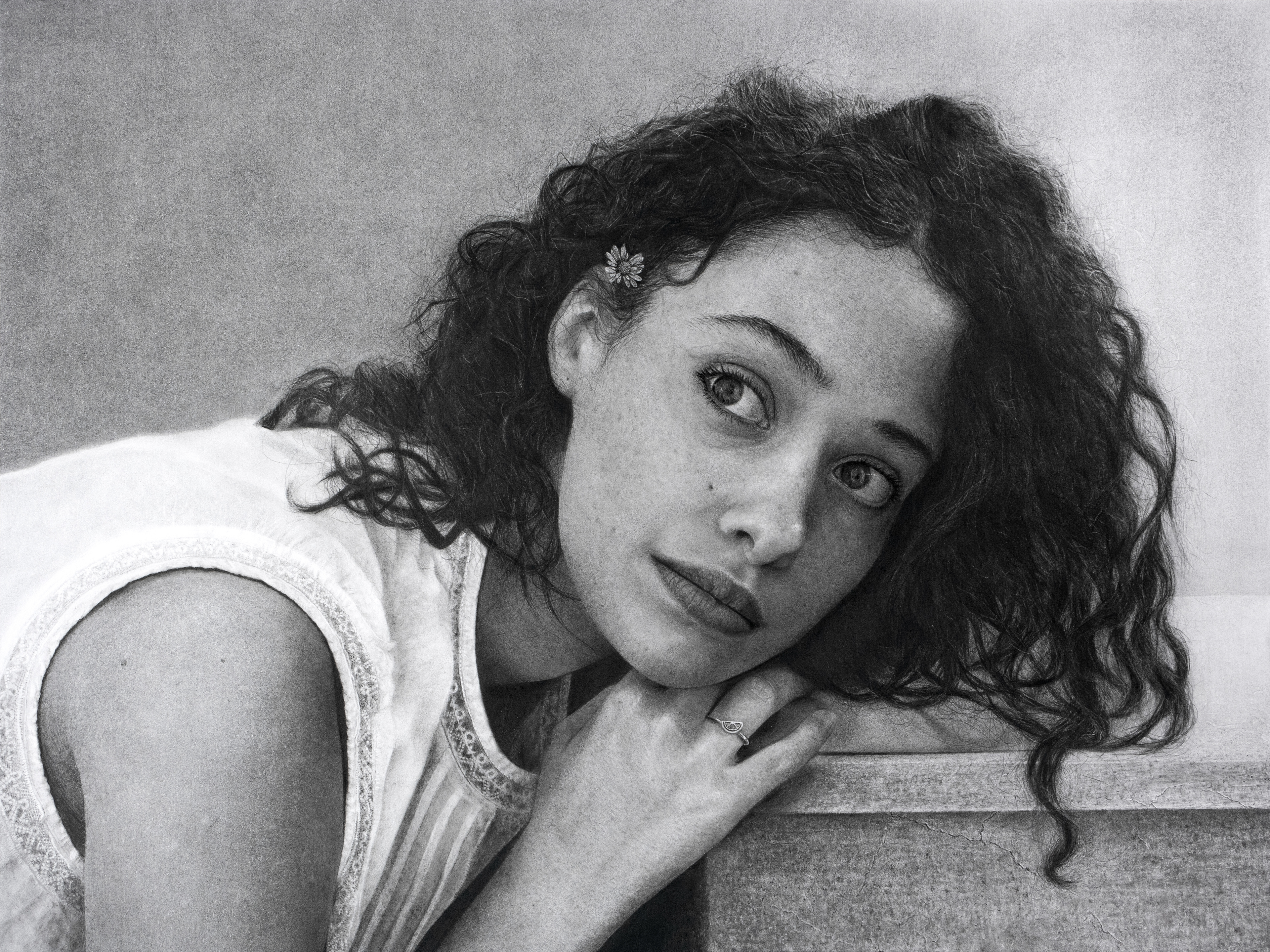 La Mèche / The Hair , 2023 graphite, fusain, pierre noire sur papier 30 x 40 cm, encadrement 40 x 50 cm baguette en bois noir et verre musée