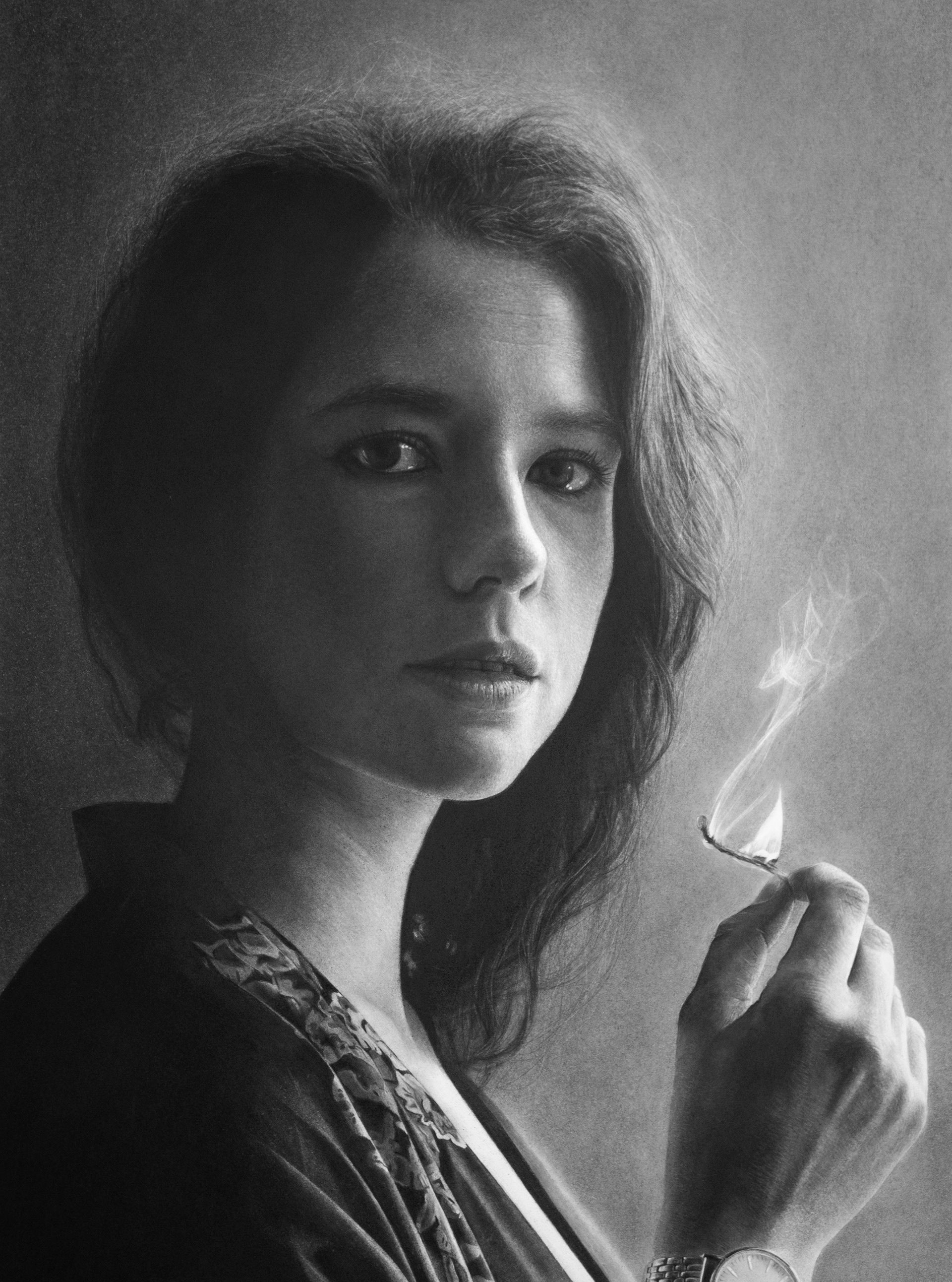 La Flamme / The Flame, 2023 graphite, fusain, pierre noire sur papier 30 x 40 cm, encadrement 40 x 50 cm baguette en aluminium noir et verre musée