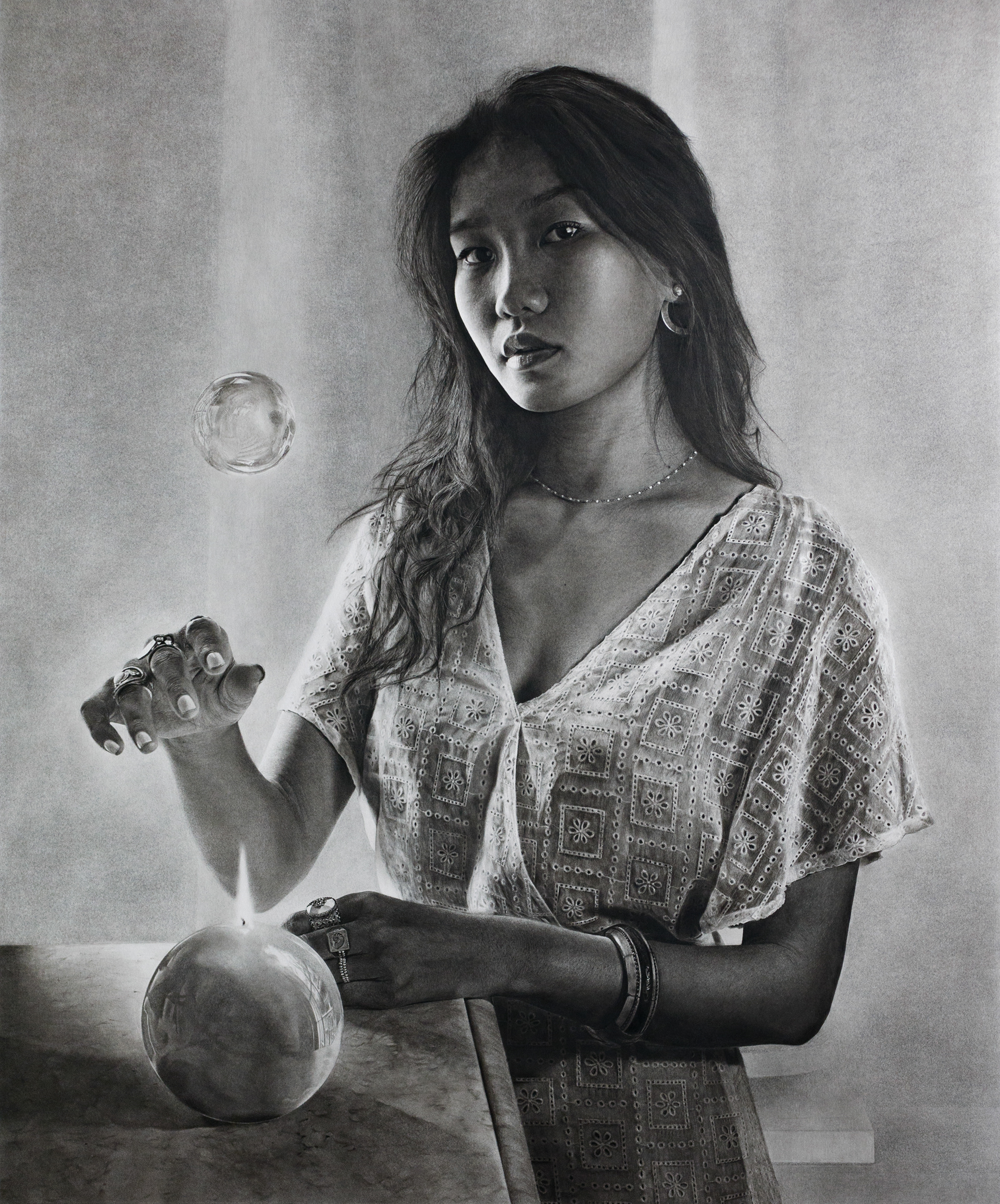 La Bulle / The Bubble, 2022 graphite, fusain, pierre noire sur papier 105 x 90 cm (encadrement standard bois de pin 90 x 74 cm)
