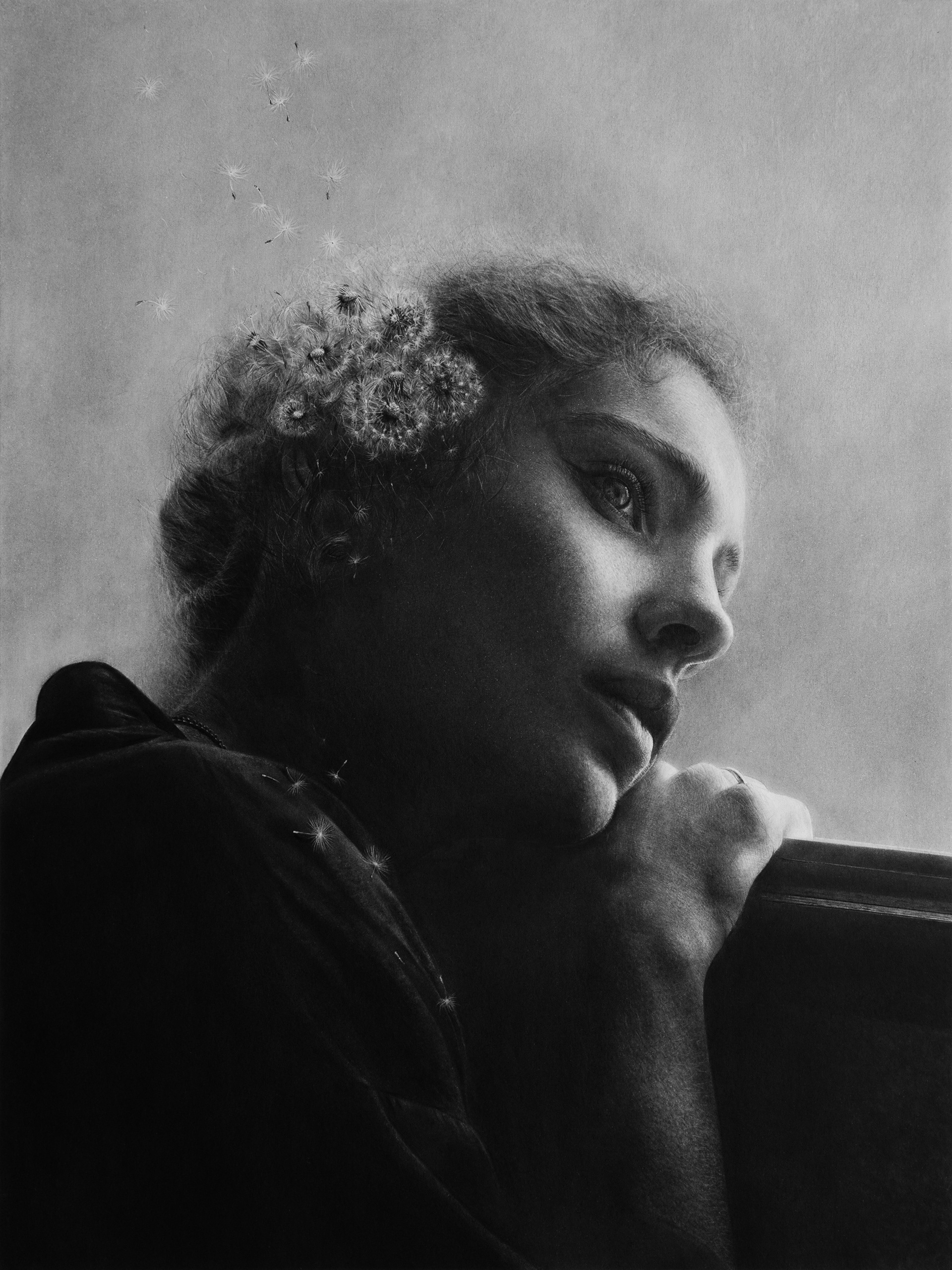 En attendant / Waiting for, 2024 graphite, fusain, pierre noire sur papier 30 x 40 cm, encadrement 40 x 50 cm encadrement sur-mesure bois et verre musée