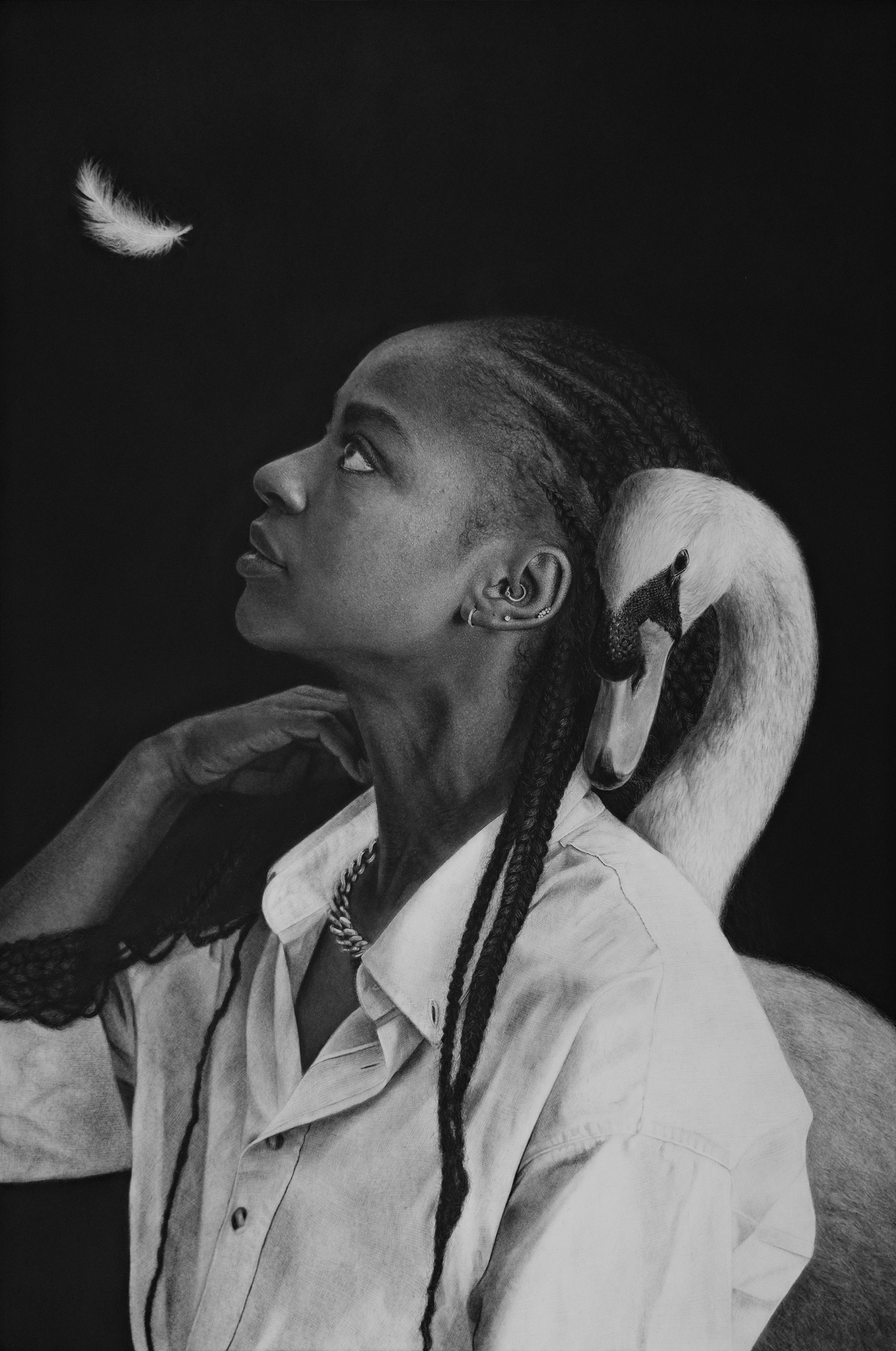 Au ralenti / Slowly, 2024 graphite, fusain, pierre noire sur papier 60 x 40 cm, encadrement 70 x 50 cm encadrement sur-mesure bois et verre musée