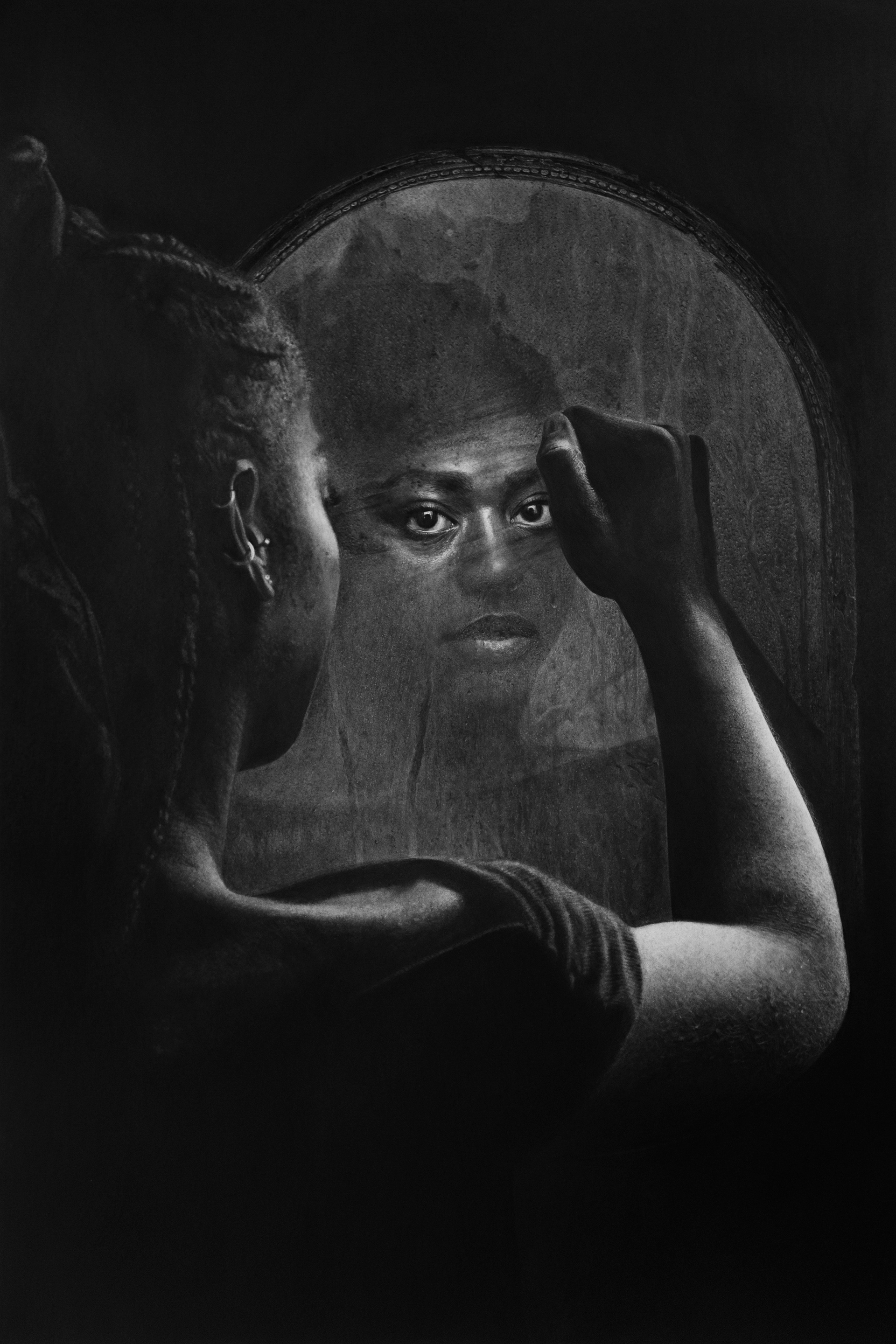 Tu étais là / You were there, 2023 graphite, fusain, pierre noire sur papier 60 x 40 cm, encadrement 70 x 50 cm encadrement sur-mesure bois et verre musée