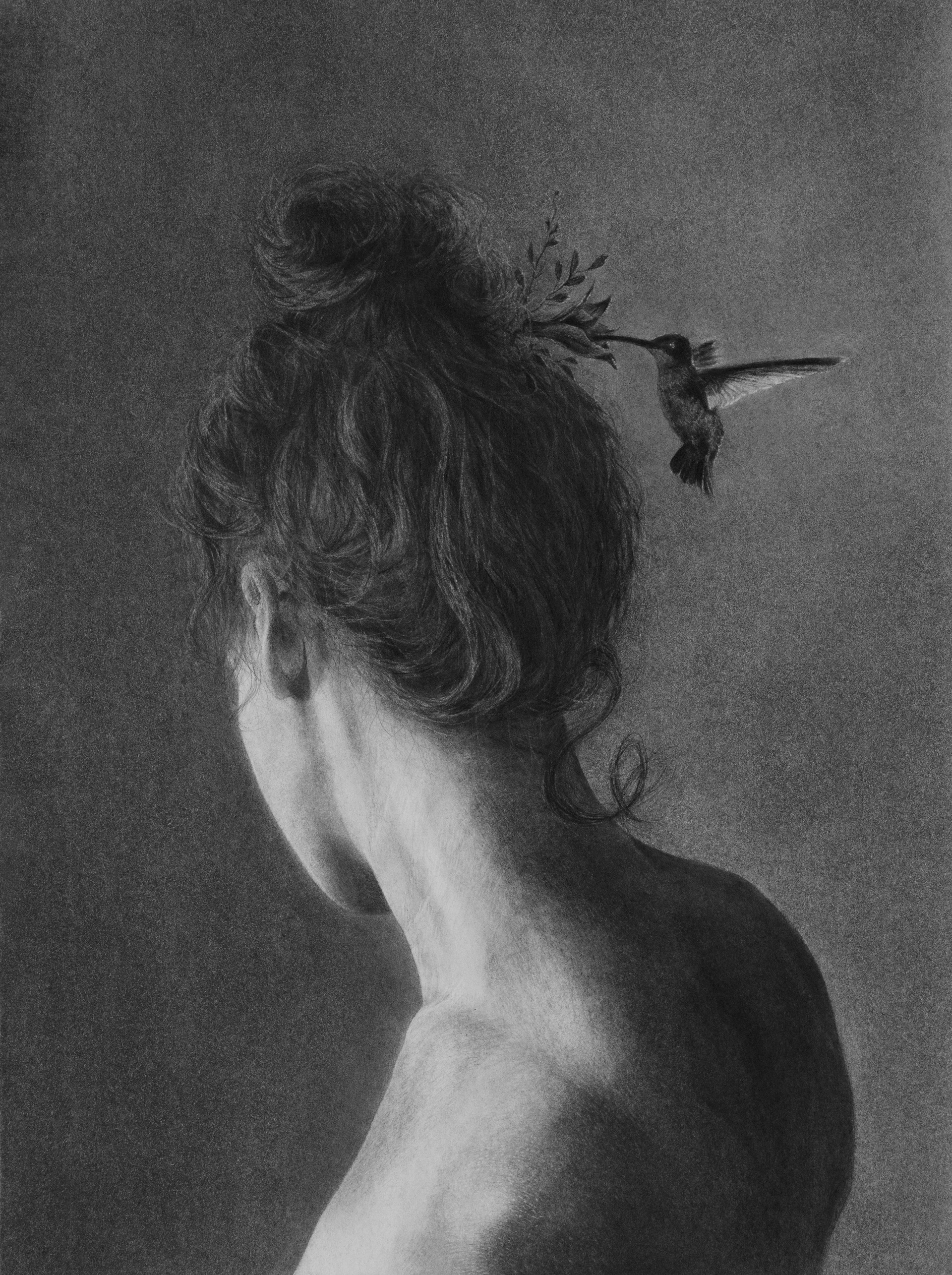 Une seconde / One second, 2024 graphite, fusain, pierre noire sur papier 24 x 18 cm, encadrement 34 x 28 cm encadrement sur-mesure bois et verre musée