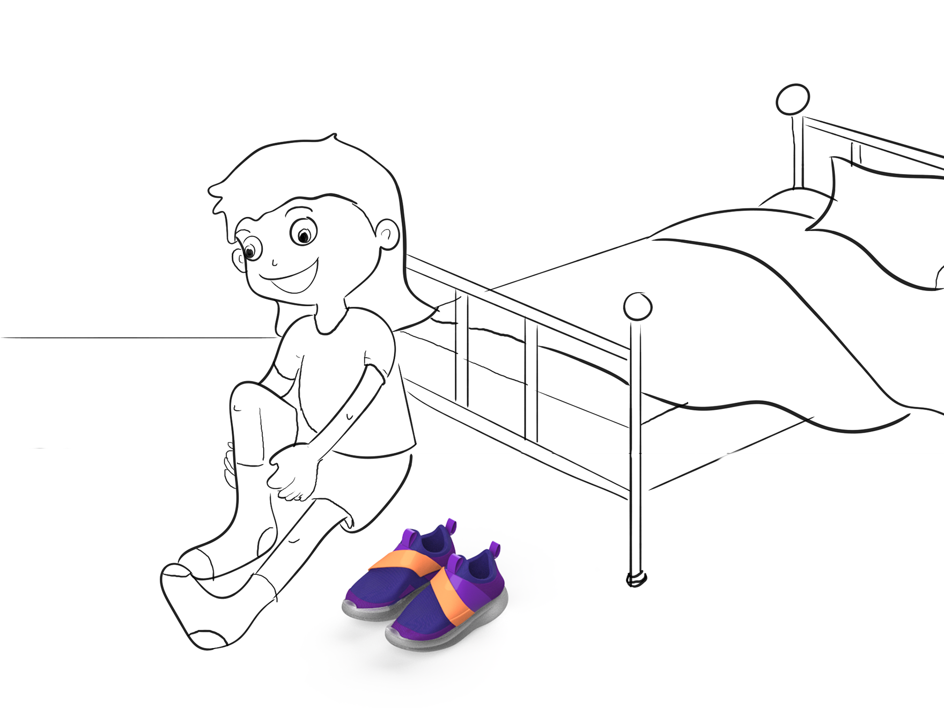 Child puts on shoes.