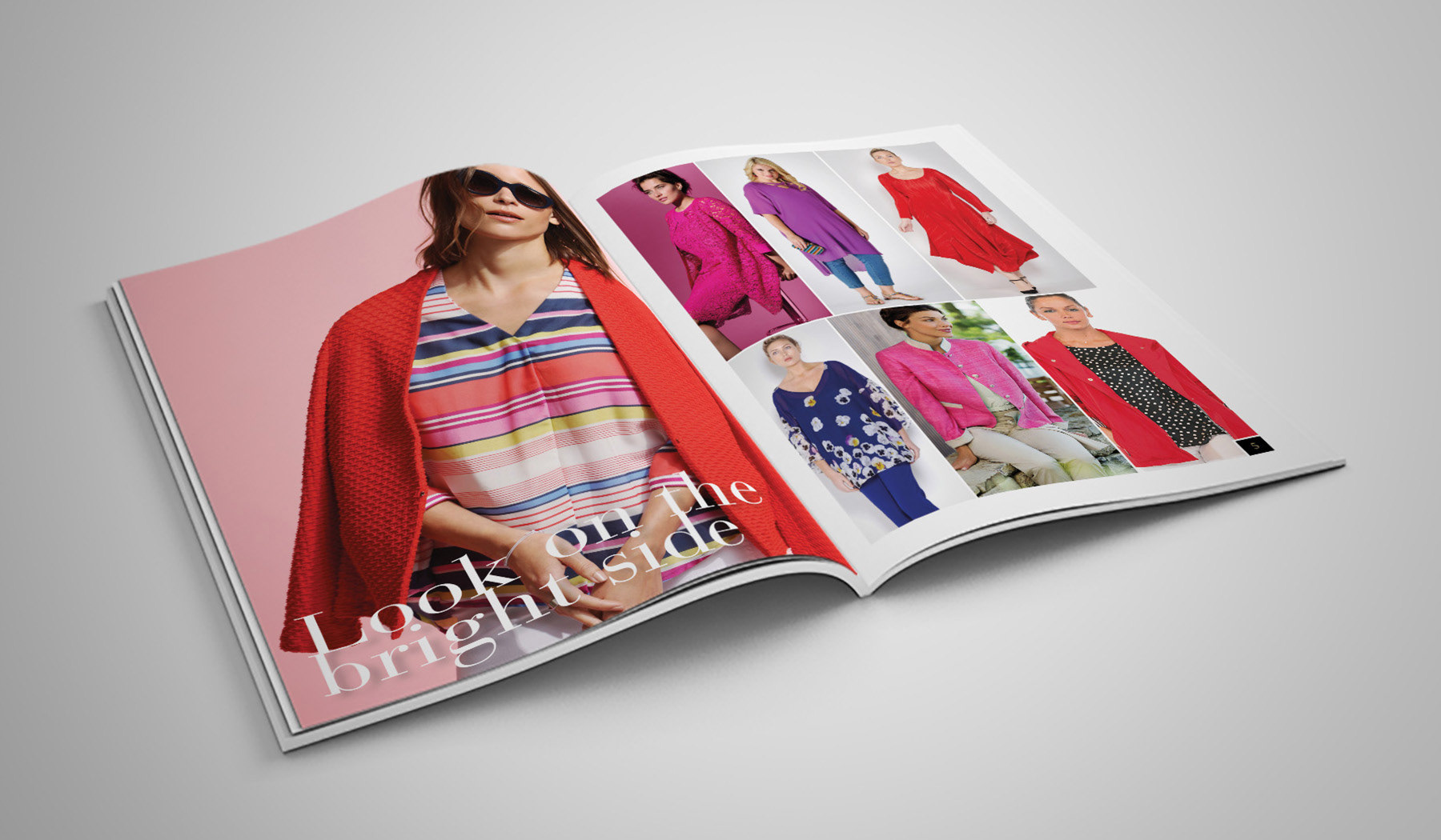Example of inner spread design for seasonal fashion brochure for Beige Plus womenswear