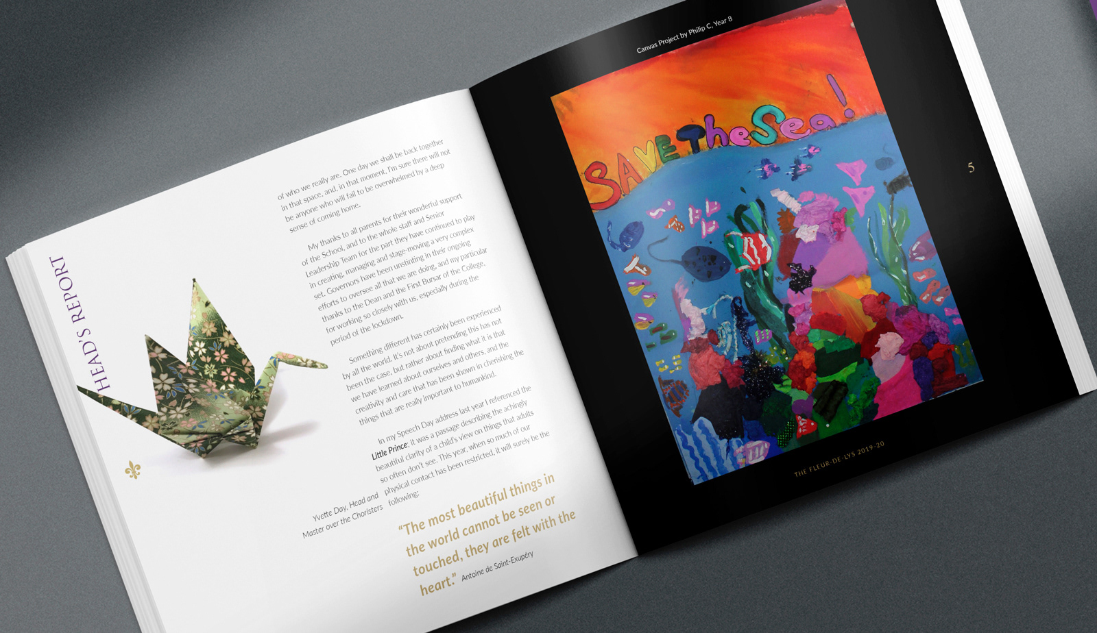 Example of the design for the annual review magazine for King's College School Cambridge
