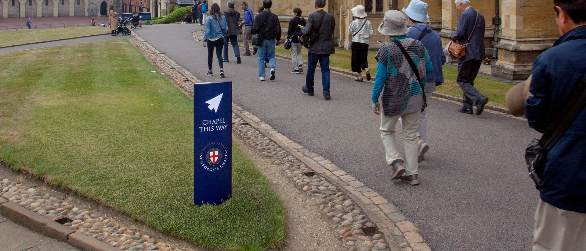 Sign design for St George's Chapel, Windsor Castle, viewed from the approach of tourists visiting the Castle
