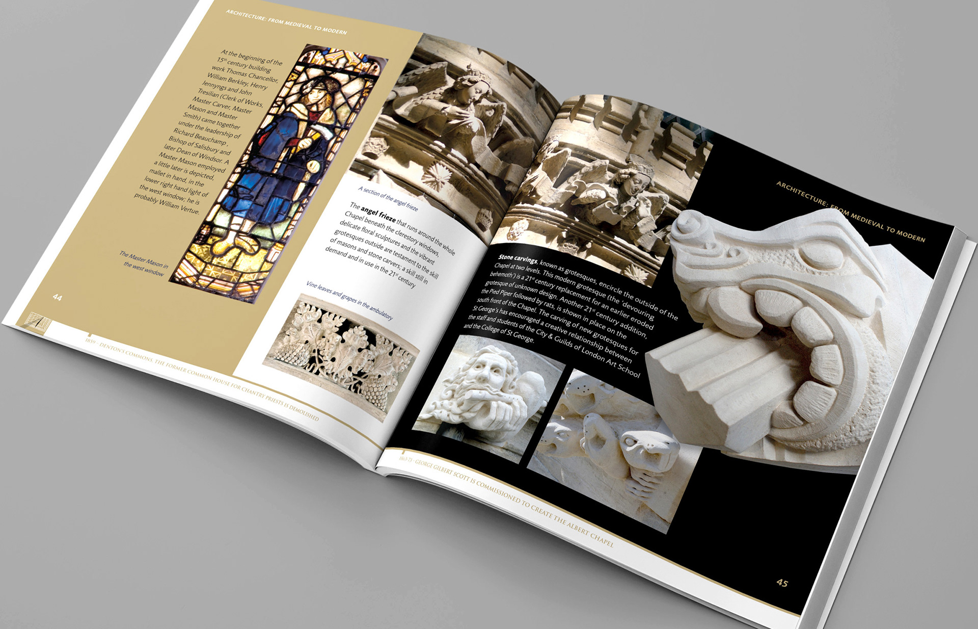 The has been a continuing programme of restoration and renewal at St George's Chapel, Windsor Castle, and this is illustrated in the creation of new grotesques depicted in the guidebook.