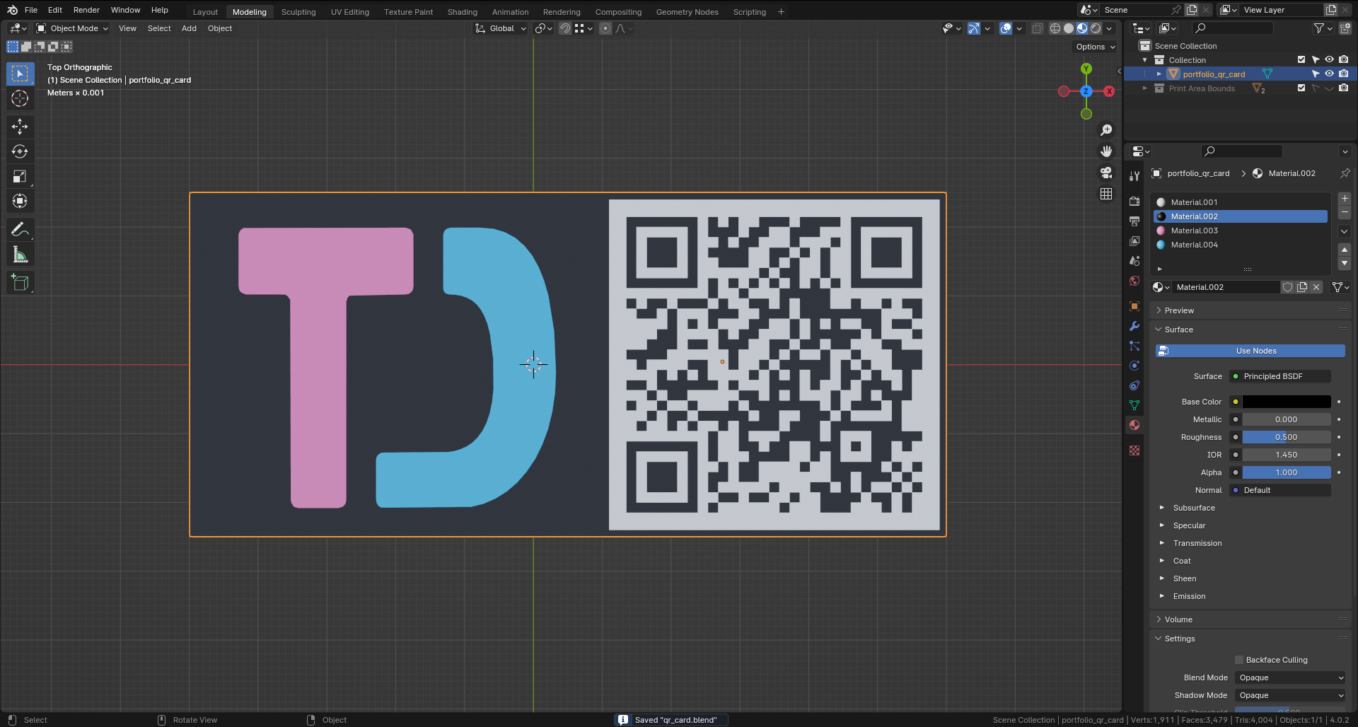 QR code business card Blender model
