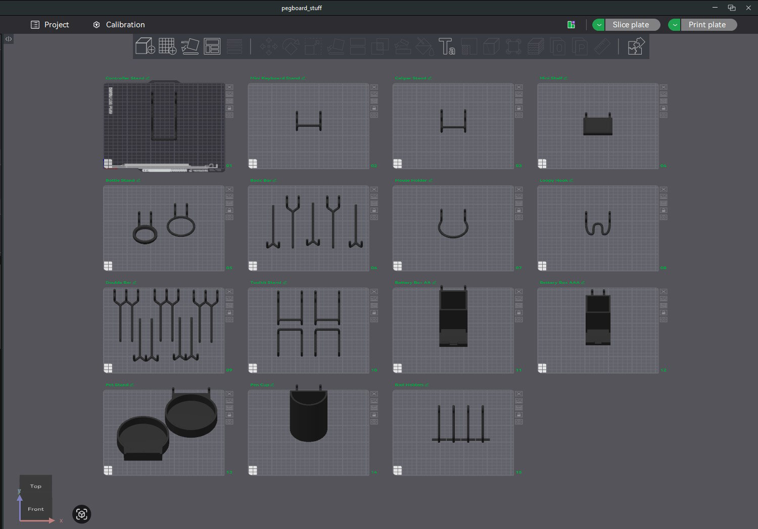 Slicer screenshot showing array of print beds with various pegboard accessories ready to print