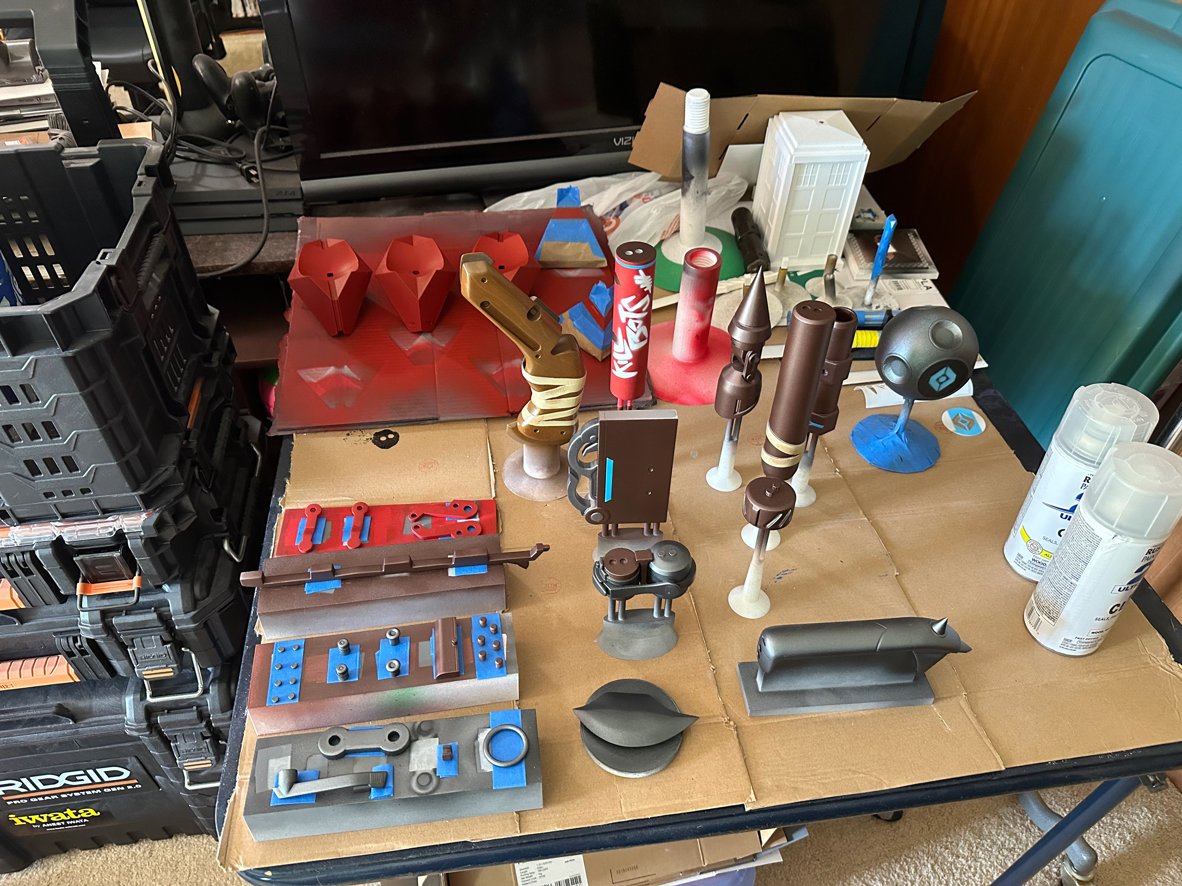 Pieces arranged on painting stands with final paint and clear coat