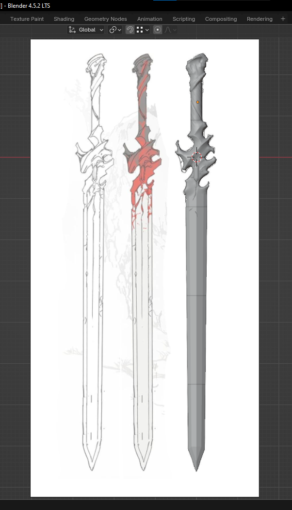 Screenshot of Blender showing the finished model next to references