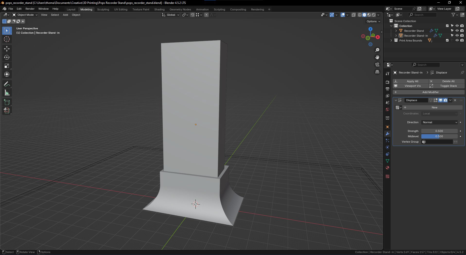 Blender screenshot of recorder stand-in model and simple stand model
