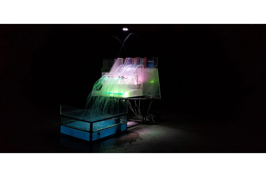 'Cimática 1 TP - EPN'. Modelo a escala de la represa Toachi Pilatón, sensores, hidrófonos, parlantes, raspbery pi,arduino. 2019