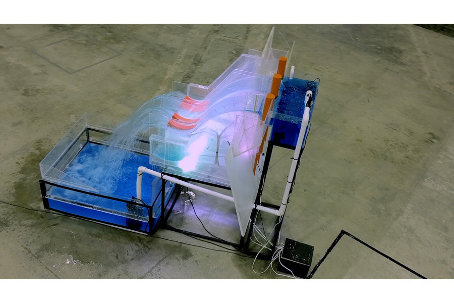 'Cimática 1 TP - EPN'. Modelo a escala de la represa Toachi Pilatón, sensores, hidrófonos, parlantes, raspbery pi,arduino. 2019