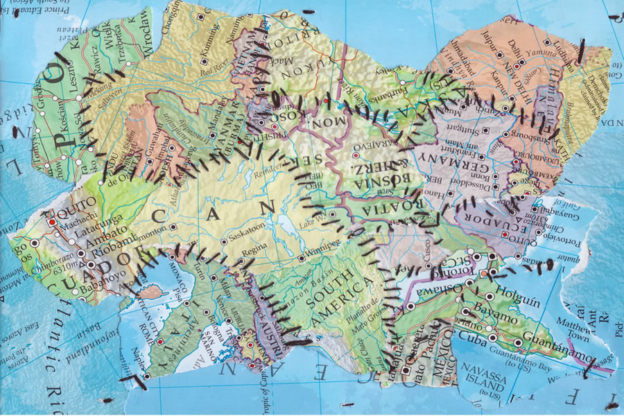 Utopian geography from A to M. Recortes de atlas cosidas a mano. (18 x 13 x 1 cm)  Toronto - 2015