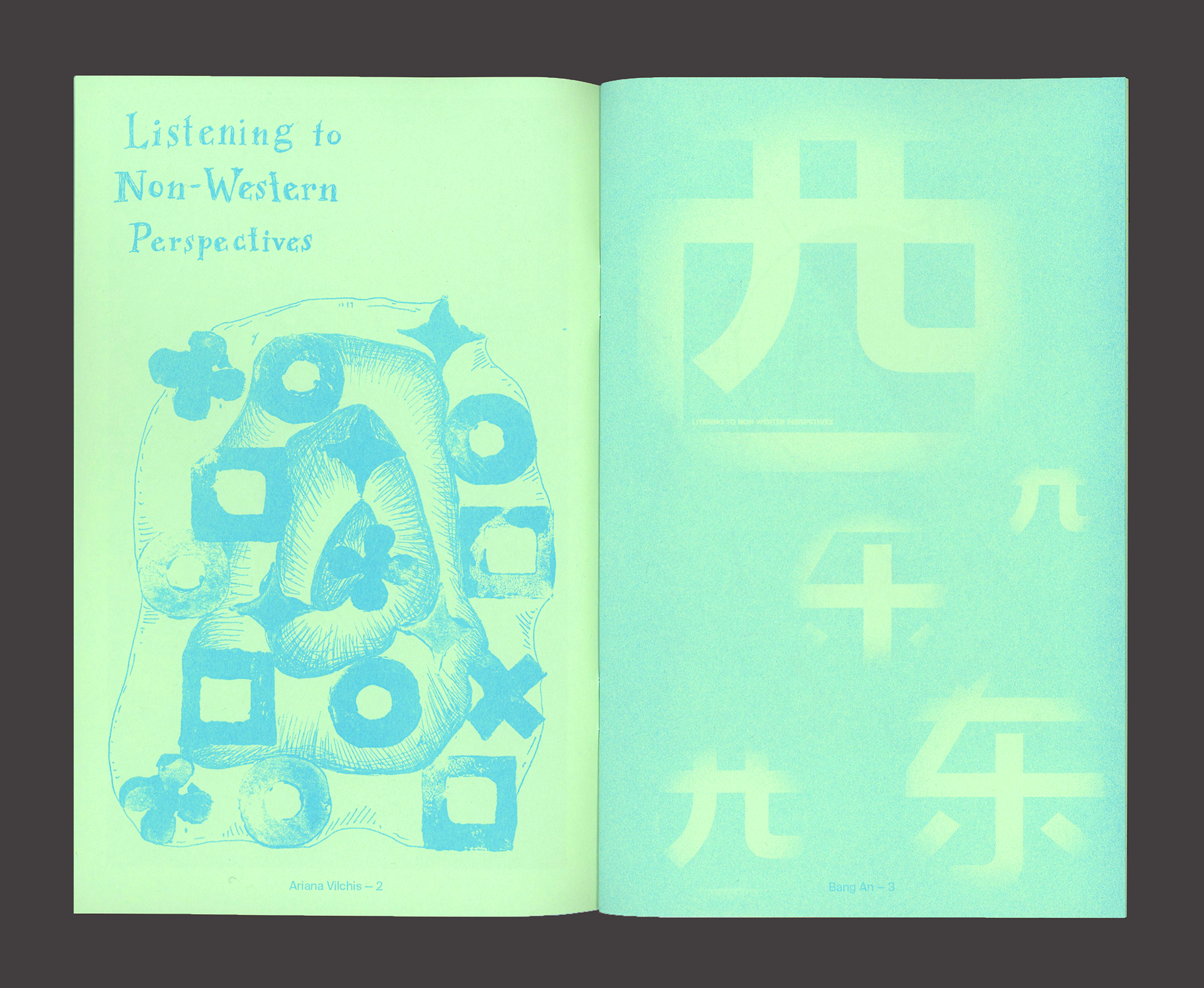 "Listening to Non-Western Perspectives" spread (right page is Bang An's work)