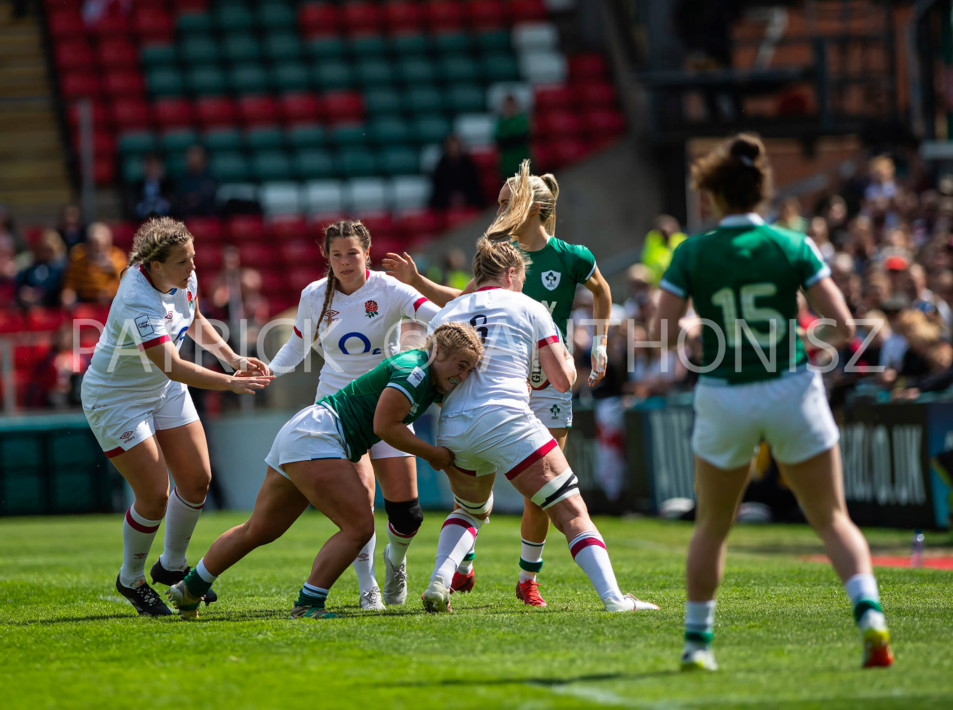 24th - April  2022 : no6  Alex Matthews England  tries to run away from no 2 Neve Jones Ireland England Vs Ireland round 4    TikTok Women's Six Nations at  Mattioli  Woods Welford Road.