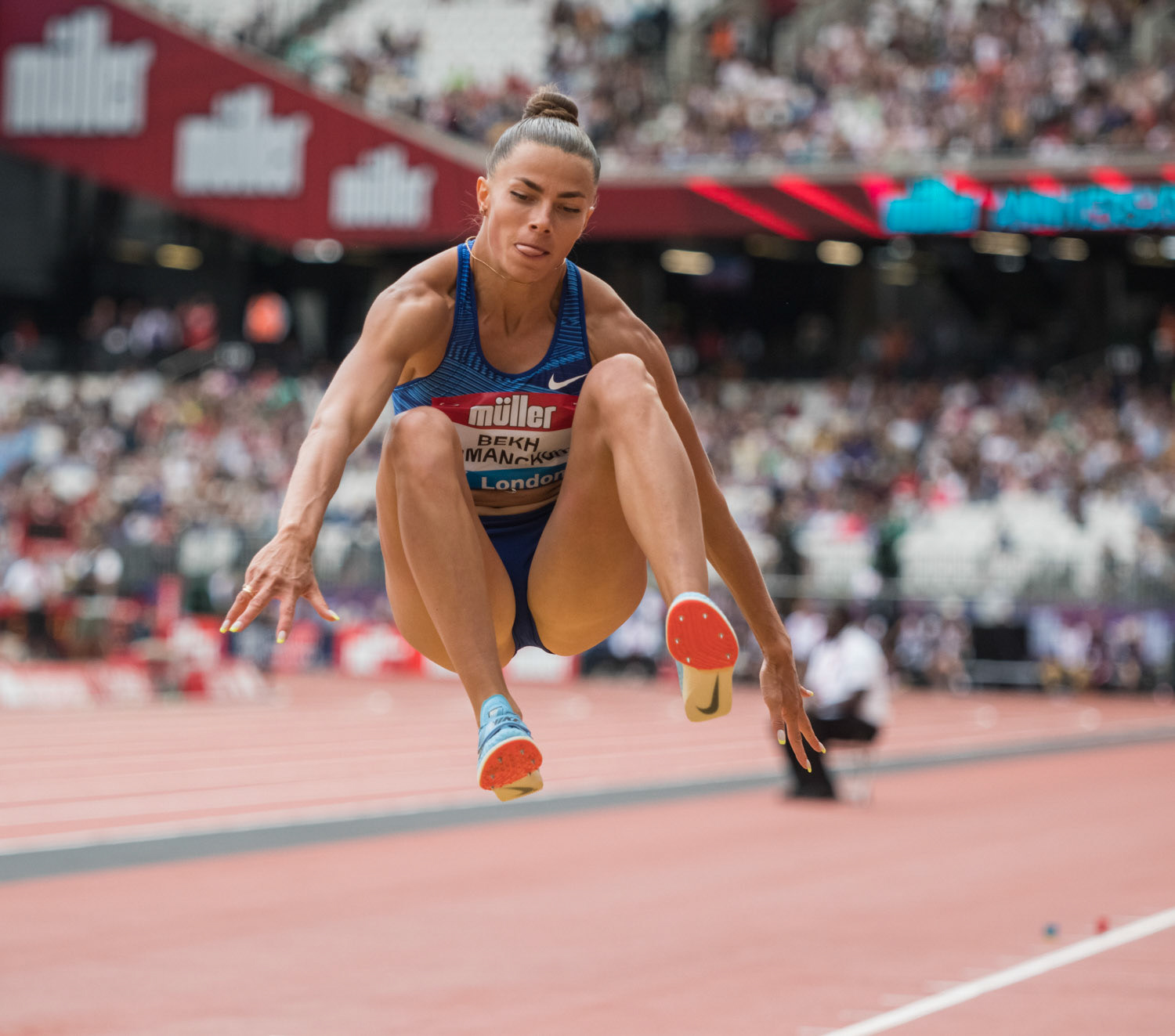LONDON, ENGLAND - JULY 21: Beka-Romanchuk Matna  of UKA competes in the Women's Long Jump during Day Two  Muller Anniversary Games IAAF Diamond League  at the London Stadium on July 21, 2019 in London, England.