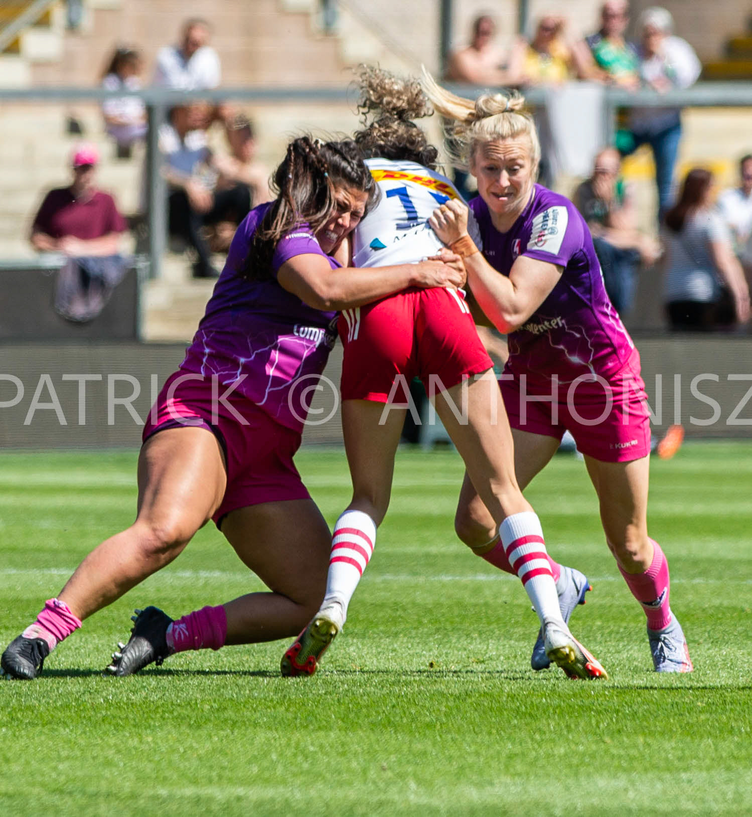 Northampton -14–May-2022. Tove Viksten of Harlequins is taken down by Loughborough forwards during the  Loughborough Lightning Vs Harlequins Womens match at cinch Stadium Franklin's Gardens Northampton  .
