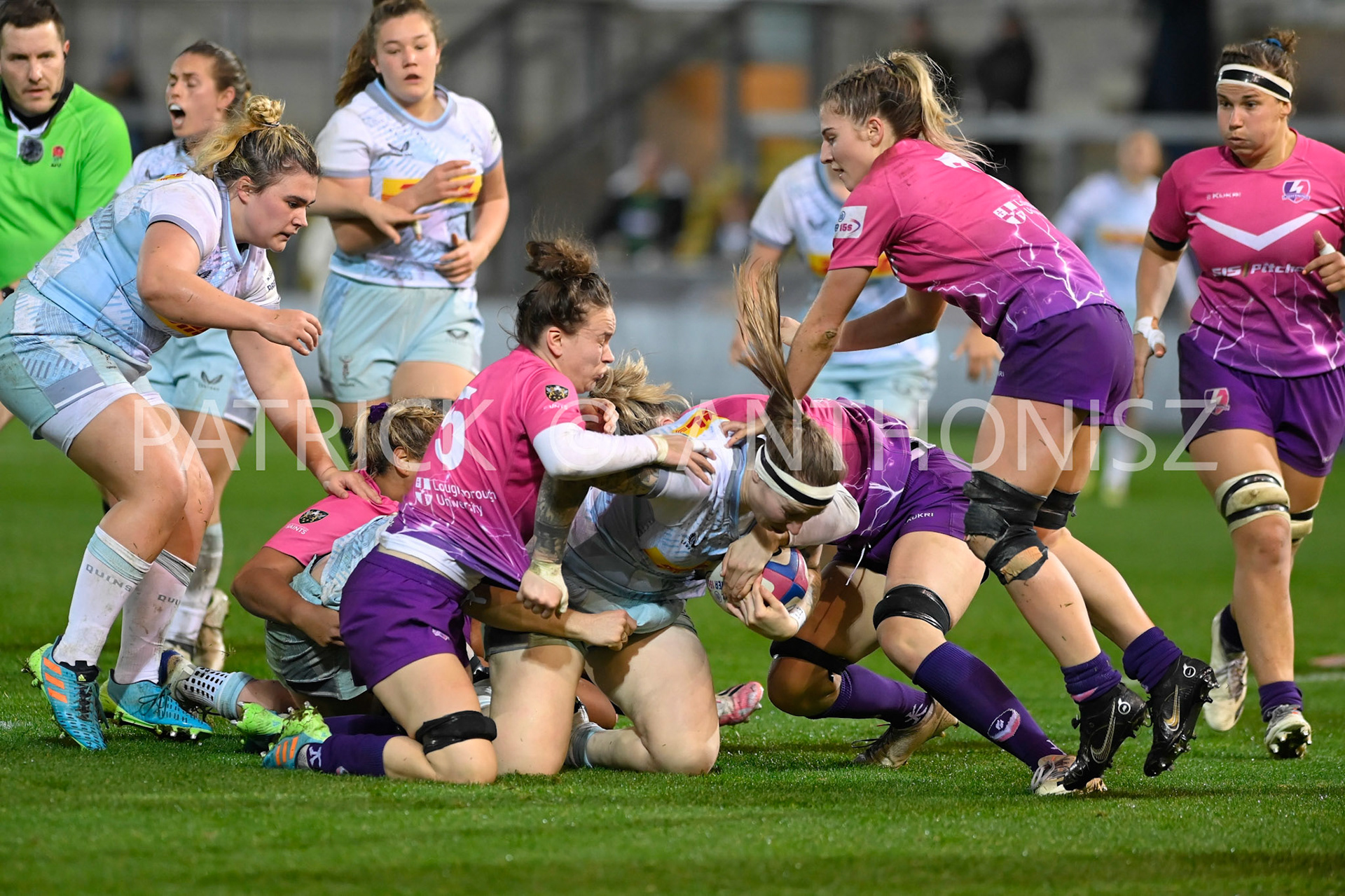 NORTHAMPTON, ENGLAND- Nov -27 - 2022 :  Loughborough Lightning  Women takes  down Jade Konkel-Robertsduring  Harlequins the match between Loughborough Lightning Vs Harlequins at Franklin's Gardens on November 27, 2022 in Northampton, England