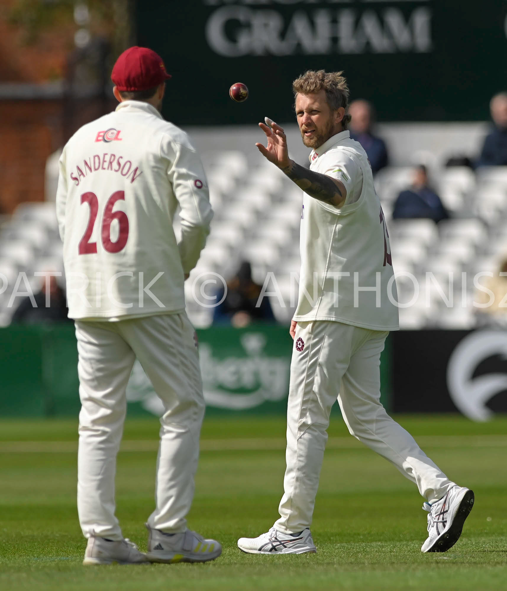 NORTHAMPTON, ENGLAND - April 13:Gareth Berg of Northampton keeps his eye on the ball  Day One of the LV= Insurance County Championship match between Northamptonshire and  Middlesex Thu 13 April  at The County Ground  in Northampton, England.