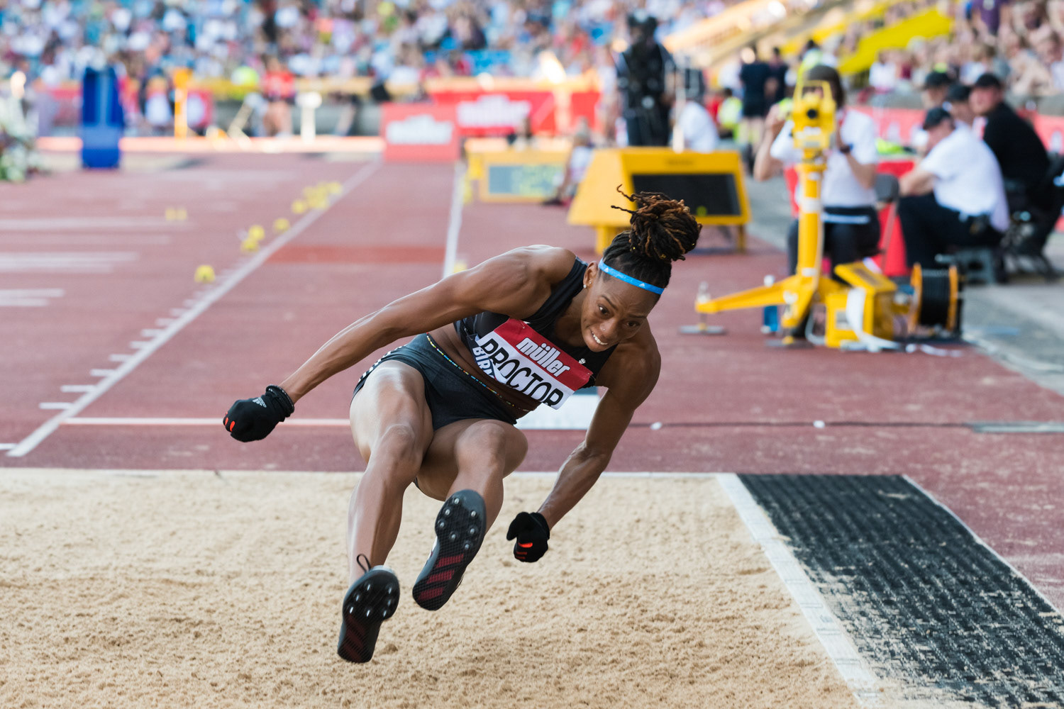 Birmingham, UK. 25th August, 2019. Share PROCTOR  of   BIRCHFIELD HARRIES  in  action during  the  women’s Long Jump at the Muller British Athletics Championships  Alexander Stadium, Birmingham, England