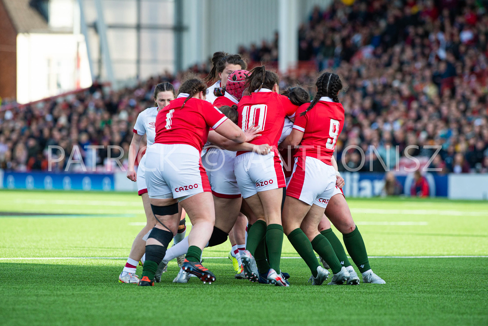 England Vs Wales Six Nations Gloucester 9 April 2022. no 1 Gwenllian Pyrs of Wales no 10 Robyn Wilkins of Wales no 9 Ffion Lewis of Wales is seen in action during the TikTok Women's Six Nations Rugby Championship match, England Red Roses Vs Wales  Rugby at the Kingsholm  Stadium Gloucester