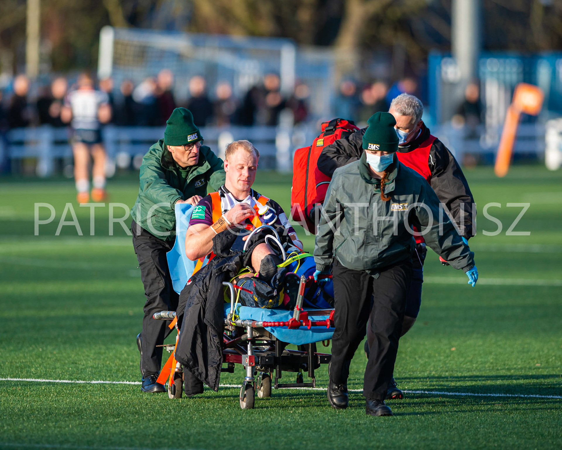 BUTTS PARK ARENA Coventry ,England 29th of January 2022 : Callum Patterson of Cornish  pirates is seen taken away after  an injury  during the  Greene King IPA Championship  match  between Coventry Rugby Vs Cornish Pirates  at Butts Park Arena Coventry UK .Final score: Coventry Rugby 21 :  31Cornish Pirates