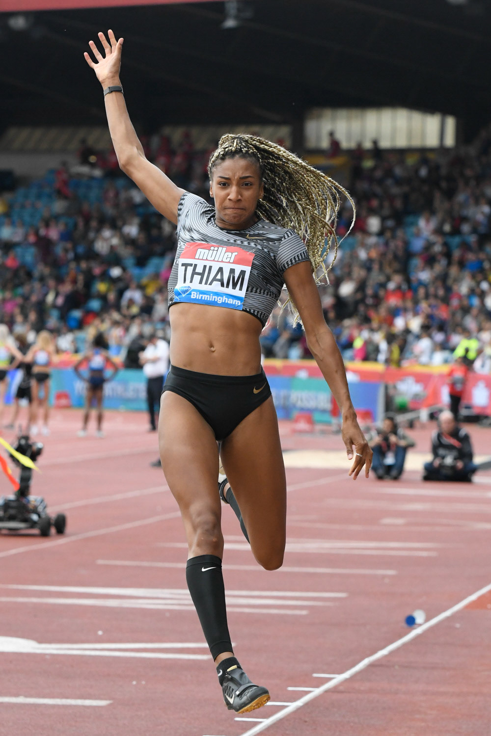 Birmingham. UK.. 18 August 2019.  Nafissatou Thiam (BEL)  in  action in the womens  long jump at the Muller Grand Prix. IAAF Diamond League athletics. Alexander stadium. Birmingham