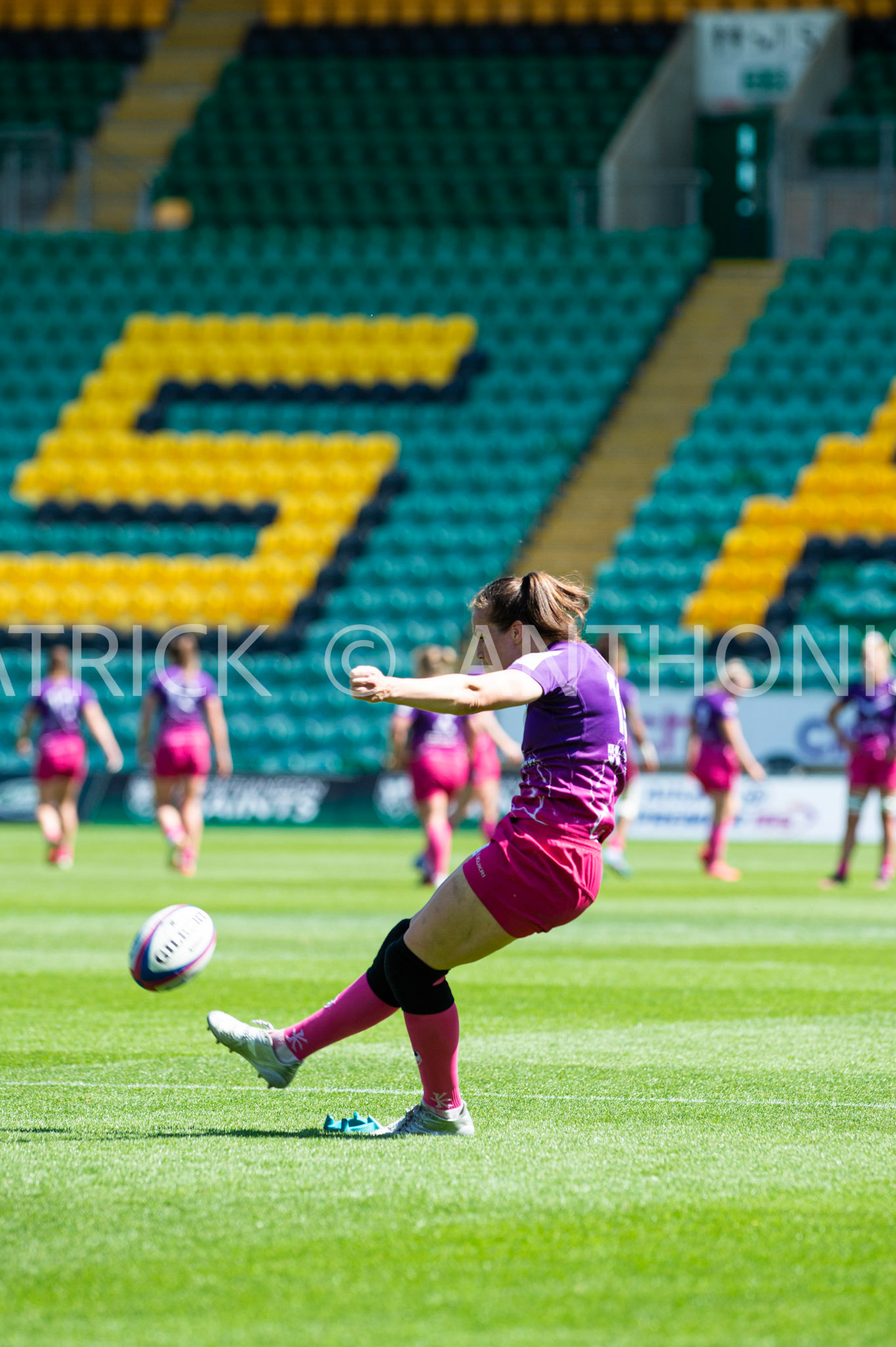 Northampton -14–May-2022.EMILY SCARRATT (CAPTAIN) of Loughborough goes for a kick during the   Loughborough Lightning Vs Harlequins Womens match at cinch Stadium Franklin's Gardens Northampton  .
