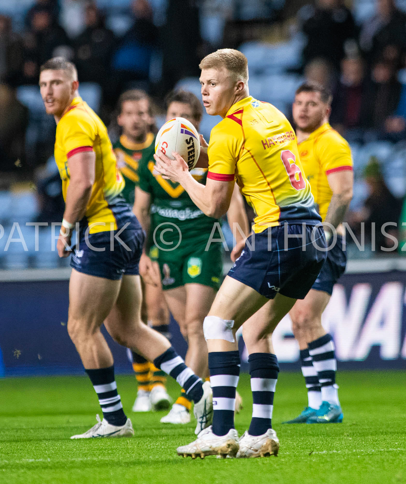 Coventry England  21st October: Bailey Hayward of Scotland with the ball  during the Rugby League World Cup 2021 between Australia Vs Scotland  at  Coventry Building Society Arena on 21st October 2022 Australia 84: Scotland 0