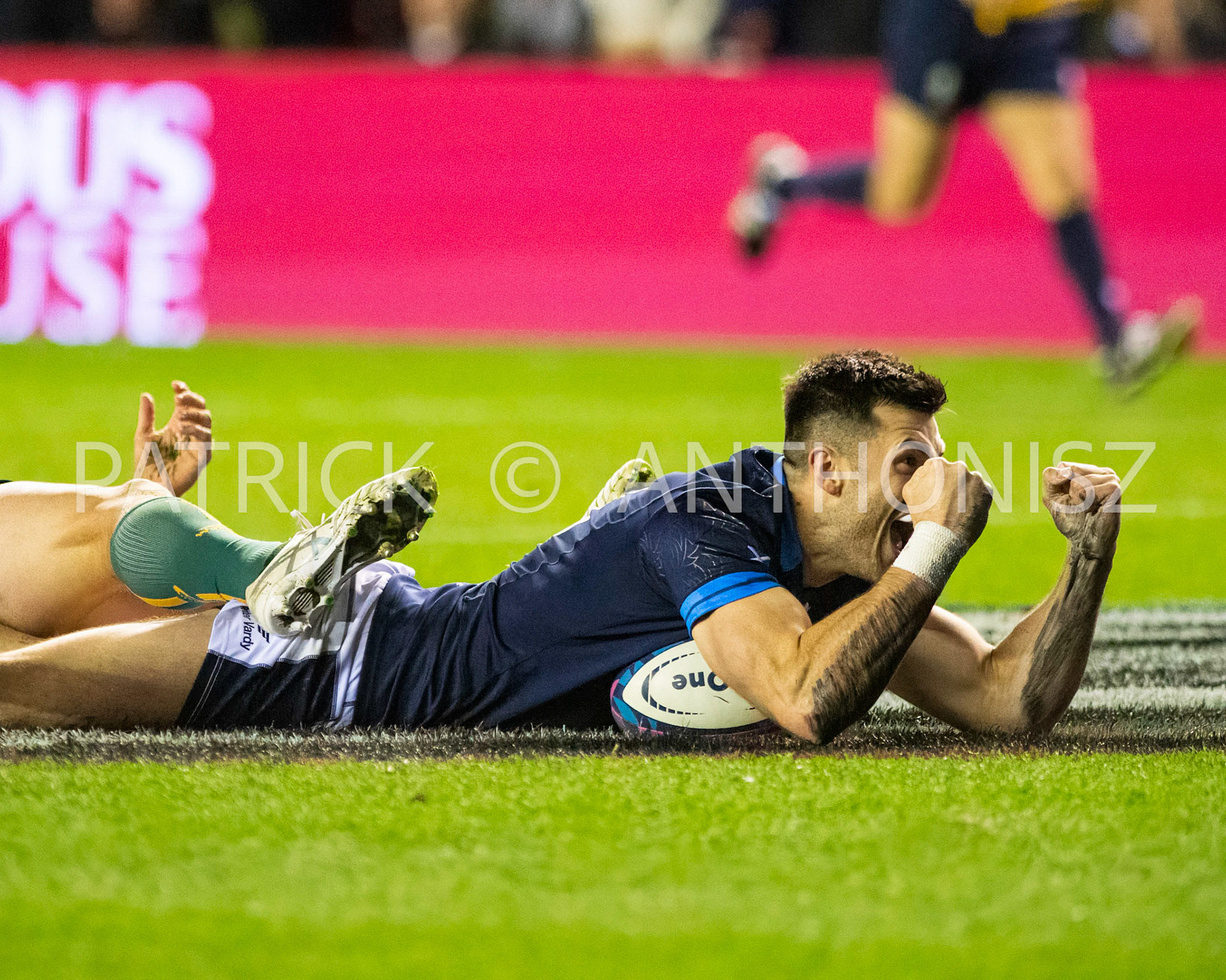Scotland  October 29th : Blair Kinghorn of Scotland celebrates his try  during the Rugby Union Autumn Internationals match between Australia Vs Scotland at BT Murrayfield Stadium Scotland 29th October 2022 Australia  16: Scotland  15
