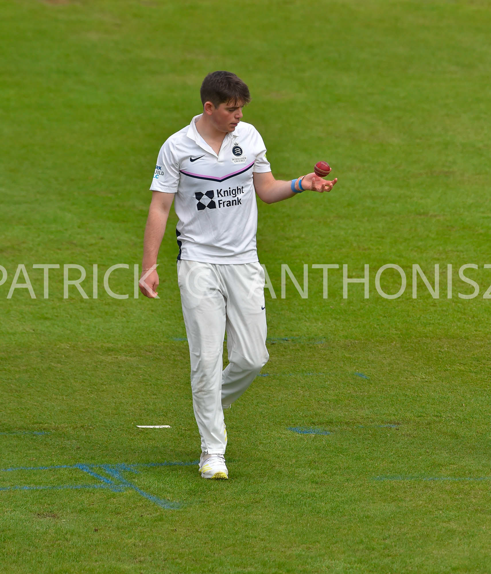 NORTHAMPTON, ENGLAND - April 15 2023 : Ethan Bamber of Middlesex keeps his eye on the ball during the Day 3 of the LV= Insurance County Championship match between Northamptonshire and   Sat  April  15 at The County Ground  in Northampton, England.