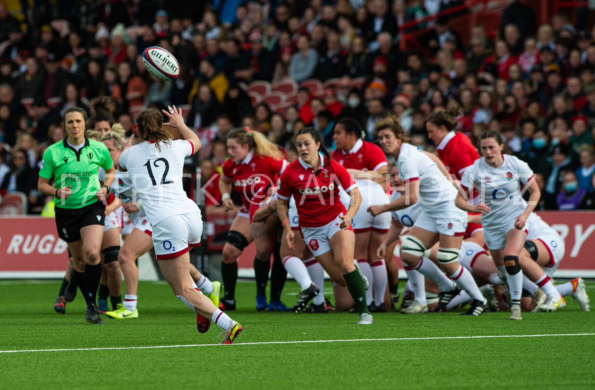 England Vs Wales Six Nations Gloucester 9 April 2022. Helena Rowland of England  catches the ball during the TikTok Women's Six Nations Rugby Championship match, England Red Roses Vs Wales  Rugby at the Kingsholm  Stadium Gloucester