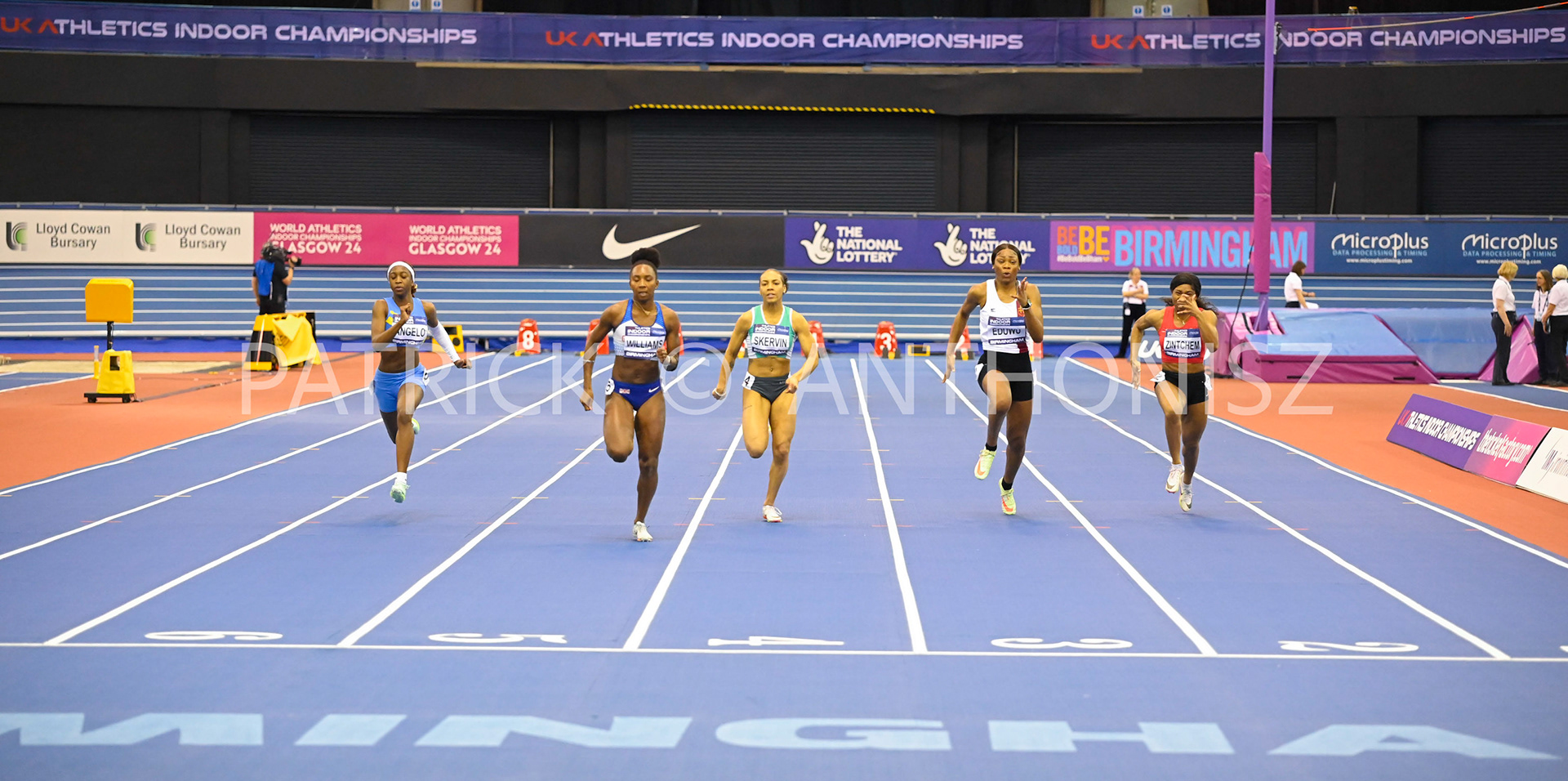 BIRMINGHAM, ENGLAND -  FEBRUARY 18: Womens 60 mm Heats   day 1 of the UK Athletics Indoor Championships at the Utilita Arena, Birmingham , England