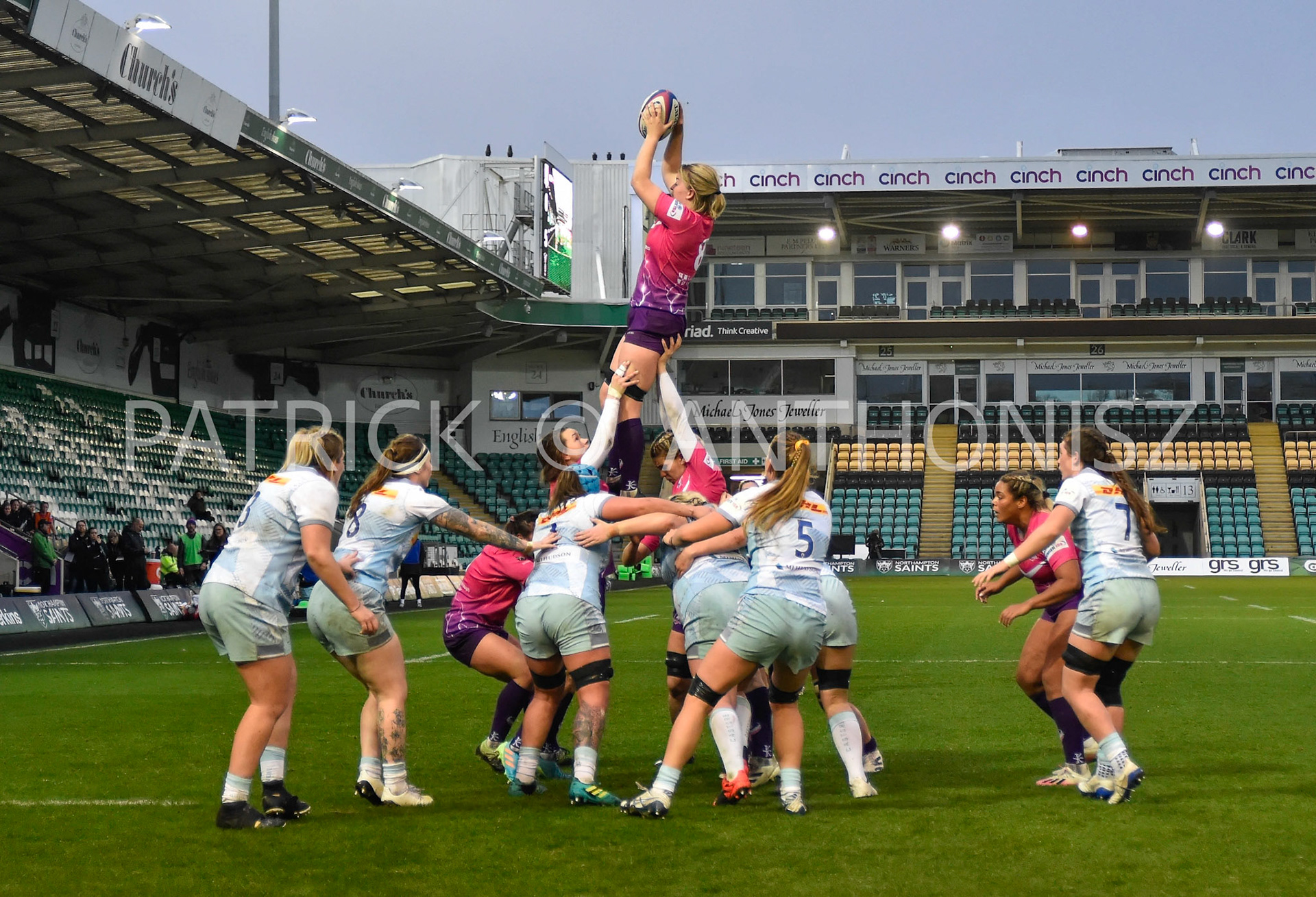 NORTHAMPTON, ENGLAND- Nov -27 - 2022 : Daisy Hibbert Jones wins the ball  during the match between Loughborough Lightning Vs Harlequins at Franklin's Gardens on November 27, 2022 in Northampton, England