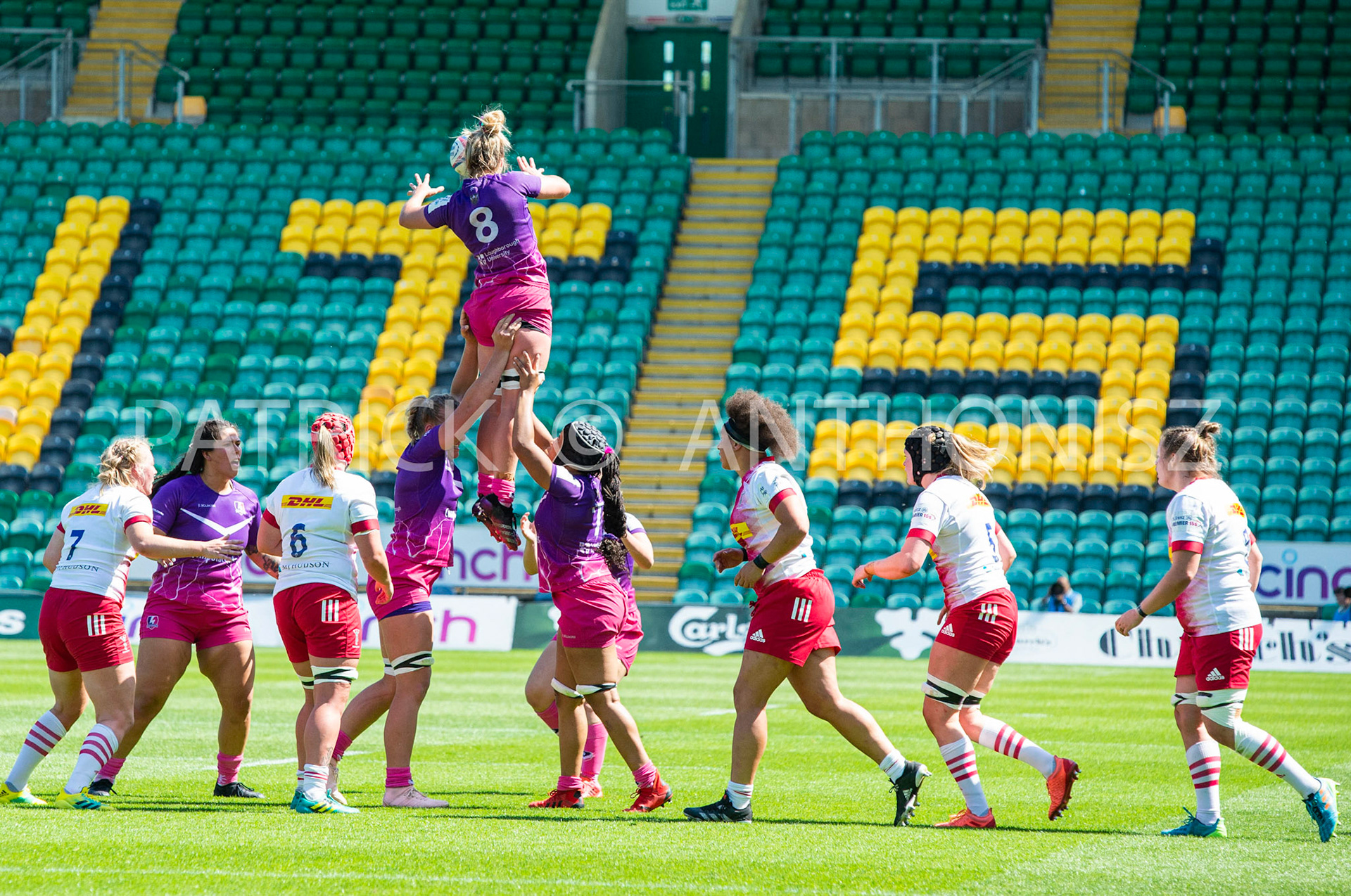 Northampton -14–May-2022.  SARA SVOBODA of Loughborough  passes the ball during the Loughborough Lightning Vs Harlequins Womens match at cinch Stadium Franklin's Gardens Northampton  .