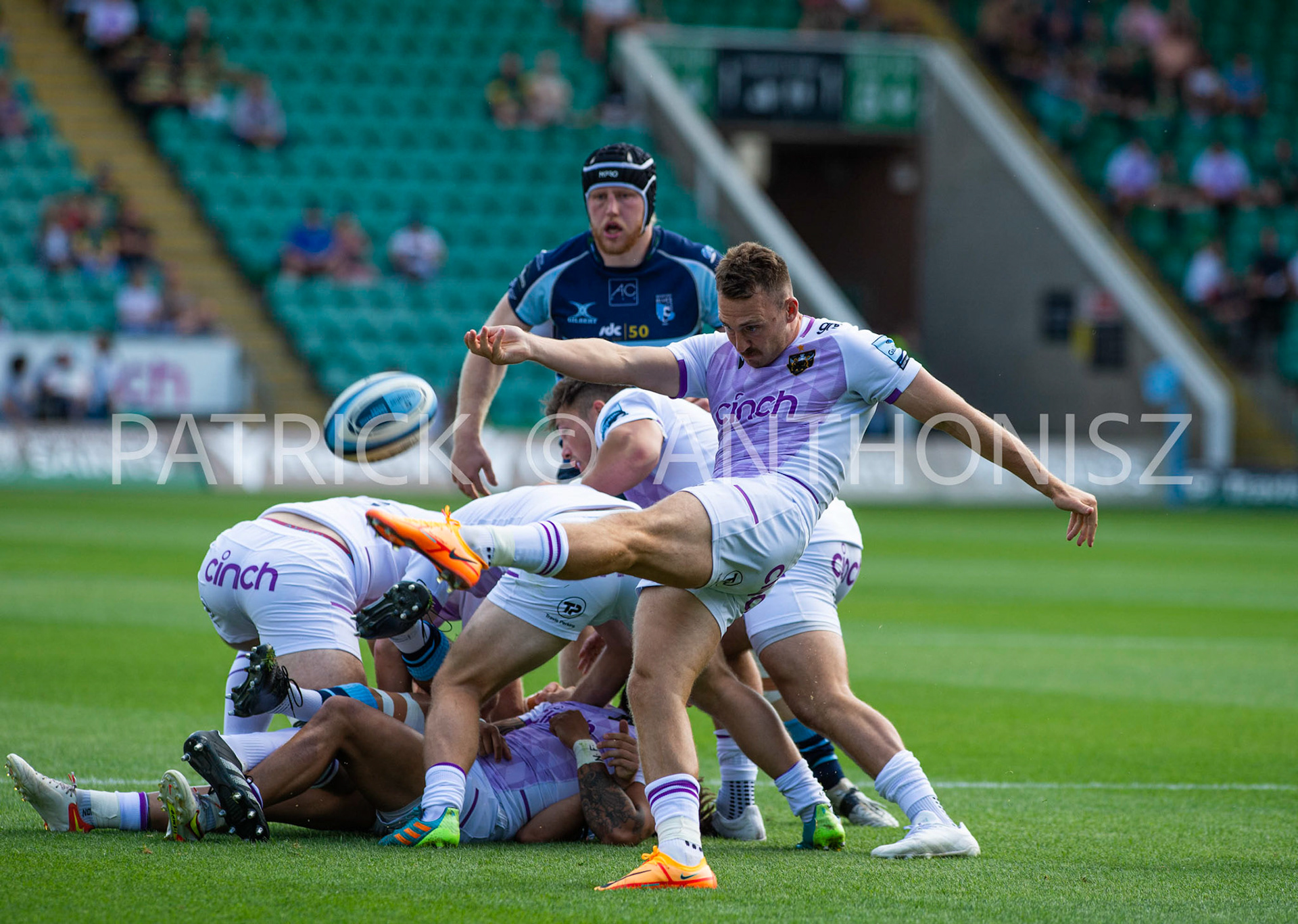 NORTHAMPTON, ENGLAND - August 27 : 2022  Tom James seen in action during the match between Northampton Saints and Bedford Blues   at Franklin's Gardens on August 27  2022 in Northampton, England.