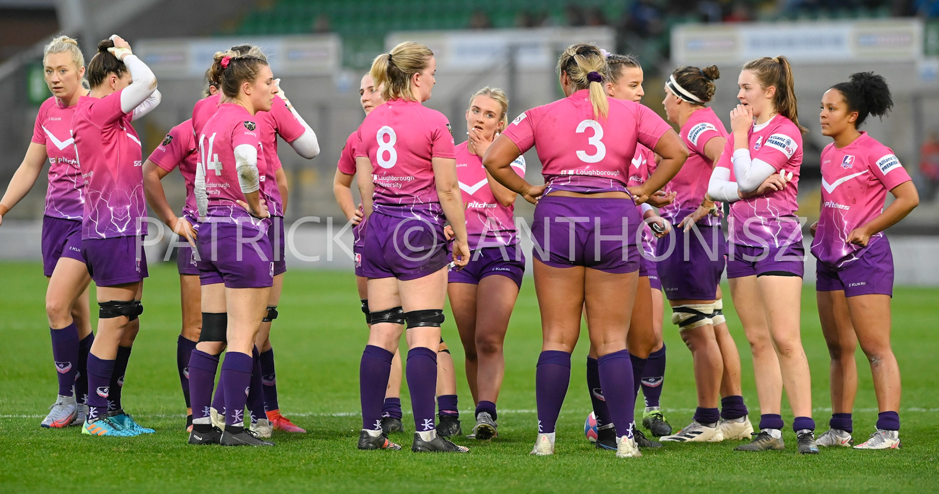 NORTHAMPTON, ENGLAND- Nov -27 - 2022 : Loughborough Lightning Women  taking a breather  during the match between Loughborough Lightning Vs Harlequins at Franklin's Gardens on November 27, 2022 in Northampton, England