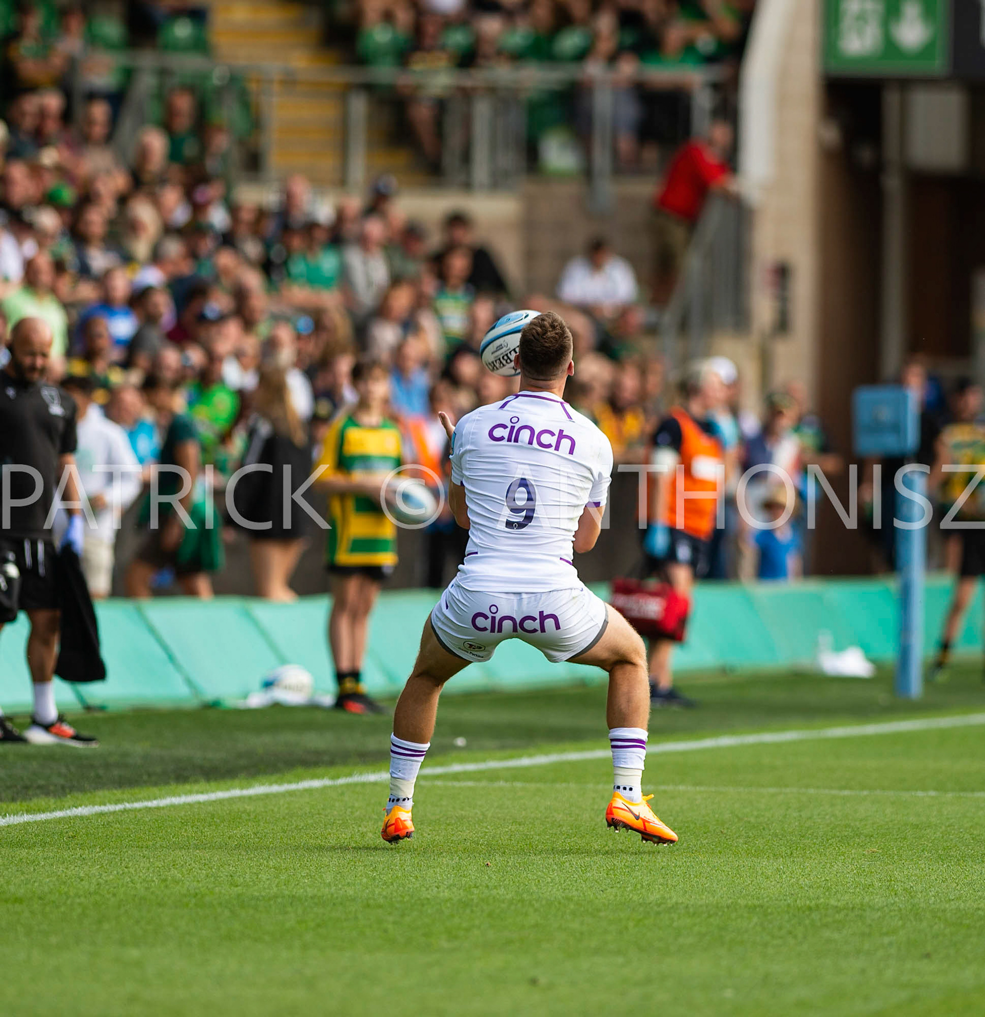 NORTHAMPTON, ENGLAND - August 27 : 2022  Tom James of Northampton goes for the ball during the match between Northampton Saints and Bedford Blues   at Franklin's Gardens on August 27  2022 in Northampton, England.